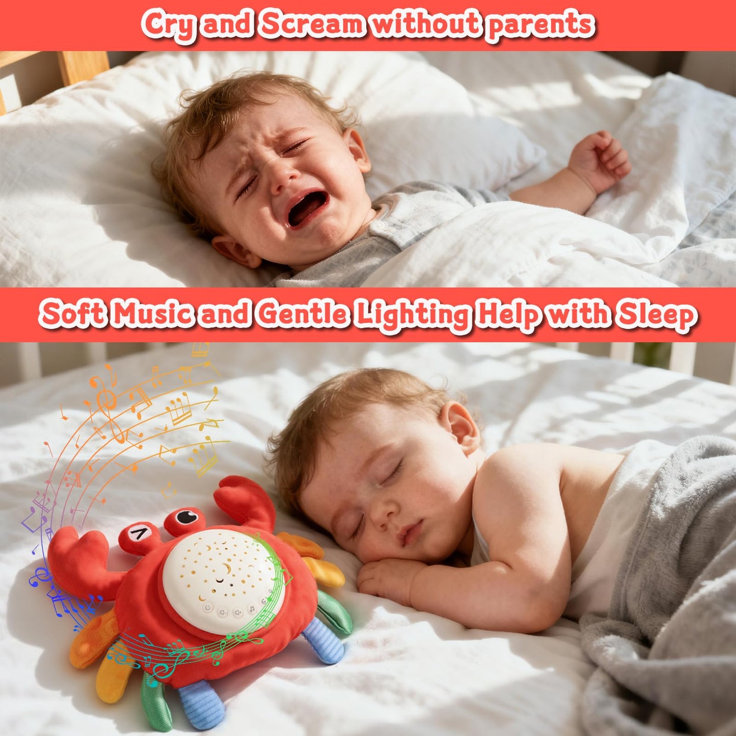 MPQMPQ Baby Sleep Soother Toys - Night Light Projector & White Noise Sound Machine, Soft Stuffed Animal Crab Musical Toys for Babies 0-6-12-18 Months Toddlers Boys Girls Christmas Gifts