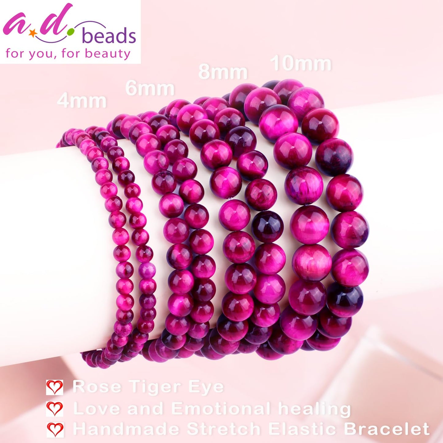 AD Beads 4mm Handmade Rose Tiger Eye Elastic Bracelet – Natural Gemstone for Love,emotional healing. – Meditation, Yoga, Healing and Energy Gift for Men Women