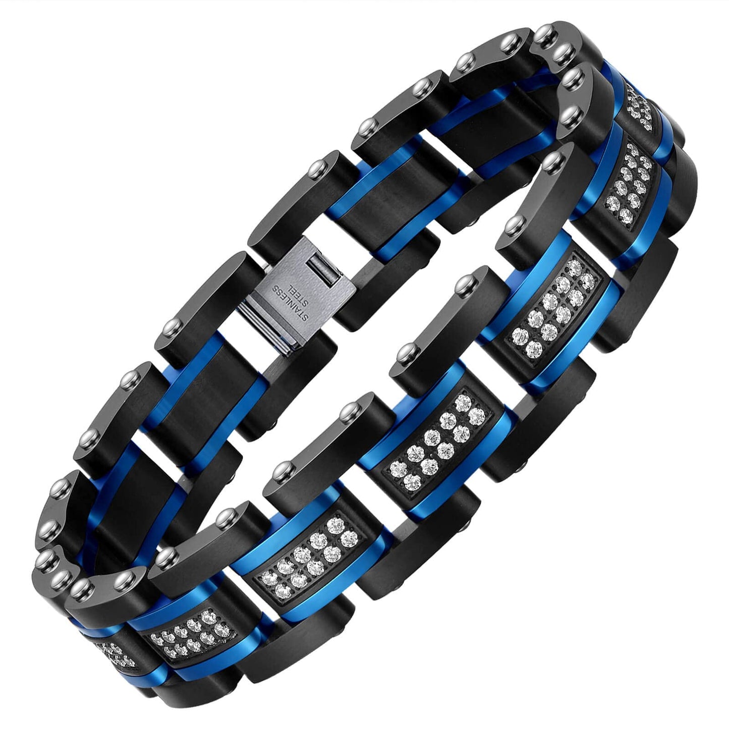 Ziallay Link initial bracelet hip hop jewel gift men Ms. Christmas birthday jewel gift boyfriend son fashion bracelet, diamond, double tone bracelet. (Blue black)