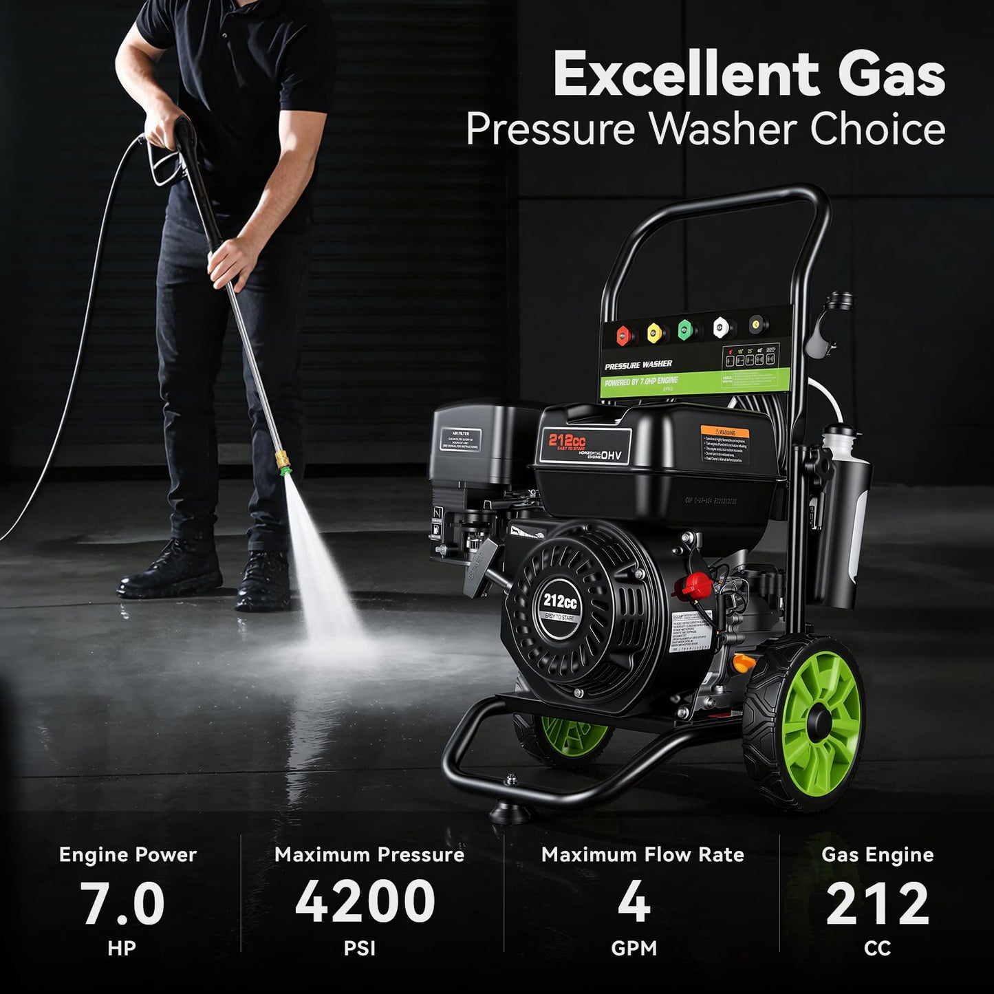 4200PSI Gas Pressure Washer 4.0GPM Gas Power Washer 212CC Gas Powered Washing Machine Commercial High Pressure Washer with 25ft Hose&5 Nozzles for Patio Garden Yard Vehicle,EPA/CARB/ETL (Black)