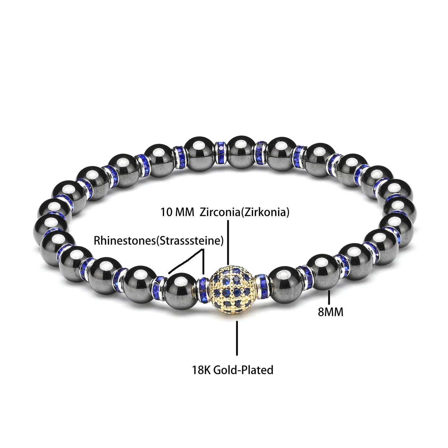 Apocalyptic-K Women's Magnetic Bracelet，Hematite Bracelets，Magnetic Bracelets With Zirconia,Handmade Stretch Bracelet，Eliminates static electricity. (8MM Blue &10MM Zirconia)