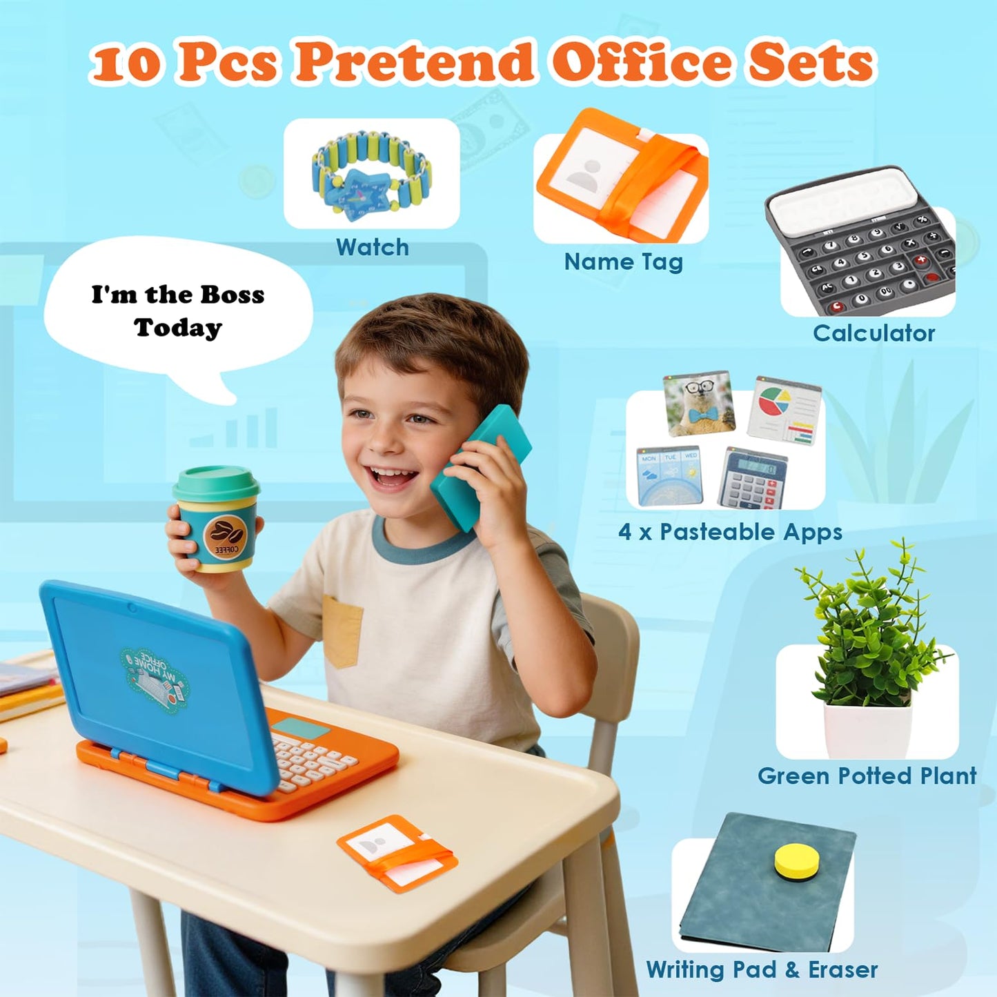 XIAPIA 10 Pcs Pretend Play Home Office Toys, Pretend Play for Toddlers 3-5-7, Pretend Play Sets with Kids Laptop, Pop-Up Calculator, Notebook, Watch, Coffee & Plant, Birthday Gift for 3 4 5 6 7 Year