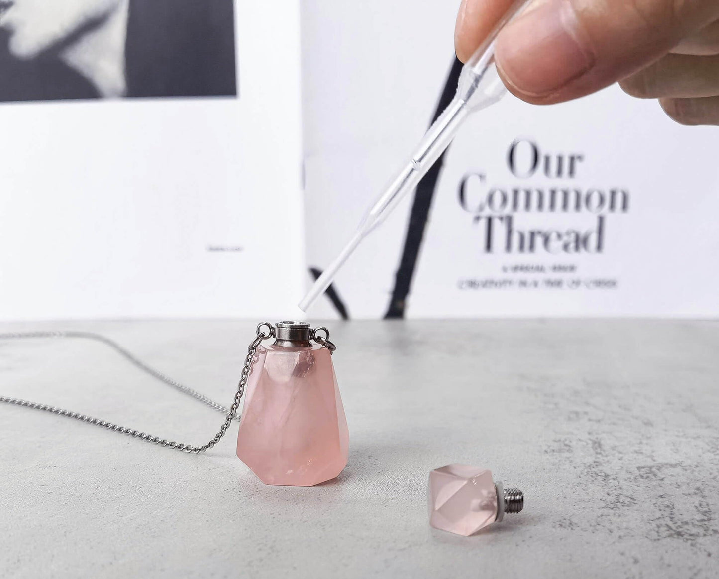 Rose Quartz Necklace, Rose Quartz Necklace, Rose Quartz Crystal Perfume Bottle Necklace with Stainless Steel Chain, Vintage Vial for Essential OilRose Quartz Crystal Perfume Bottle Necklace with Stainless Steel Chain