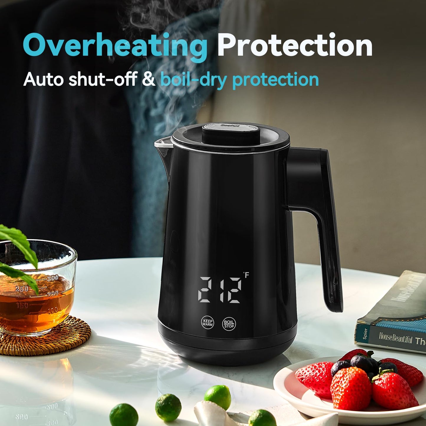 Seehot® 850ml Small Electric Kettle Temperature Control,800W Double Wall Electric Tea Kettle of 304 Stainless Steel,5 Temp Presets,Hot Water Kettle Electric,Auto Shut Off for Tea and Coffee-Black