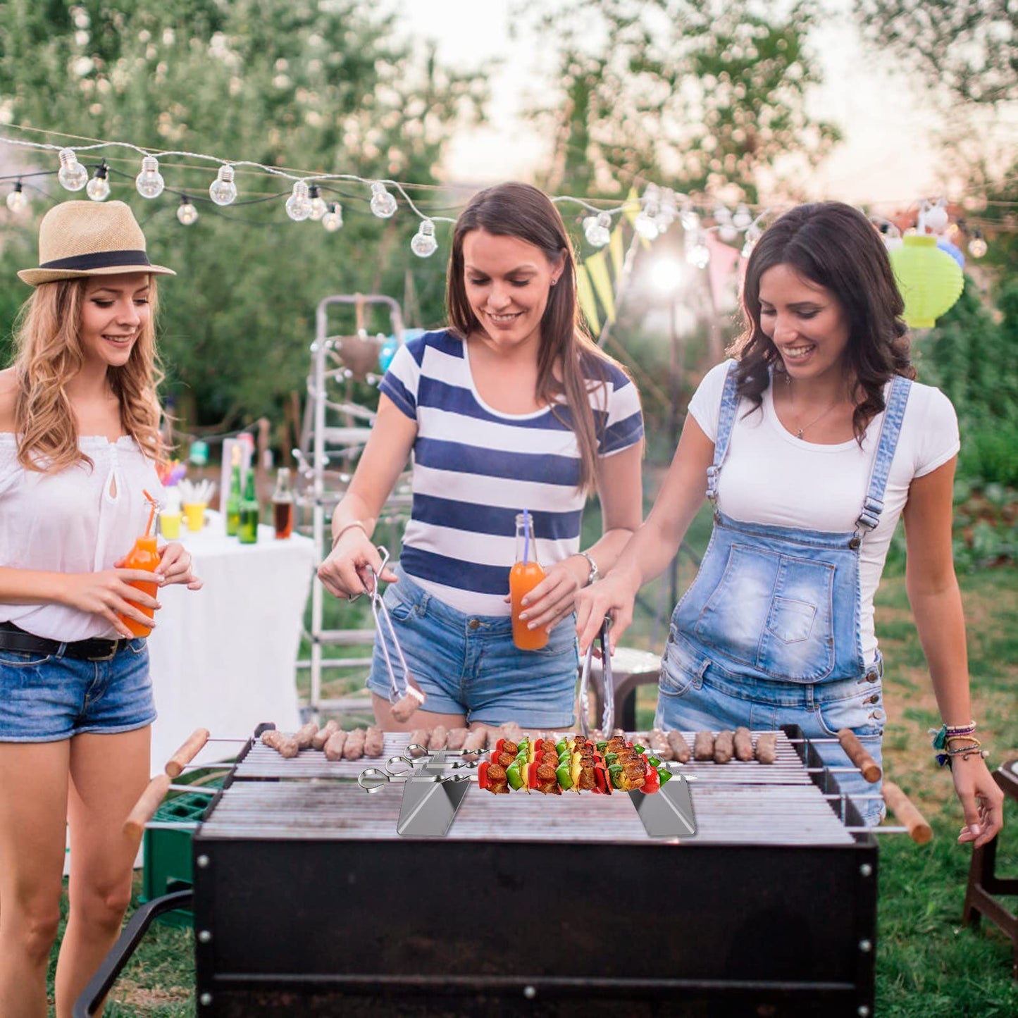 6 Pack Metal Skewers Grilling Stainless Steel BBQ Skewers Set, 6 Pack 40.5 cm / 16 Inch Metal Kebab Skewers with 2 × 30 cm Skewer Holders, Heavy Duty Flat Grill Skewers for Meat & Vegetables