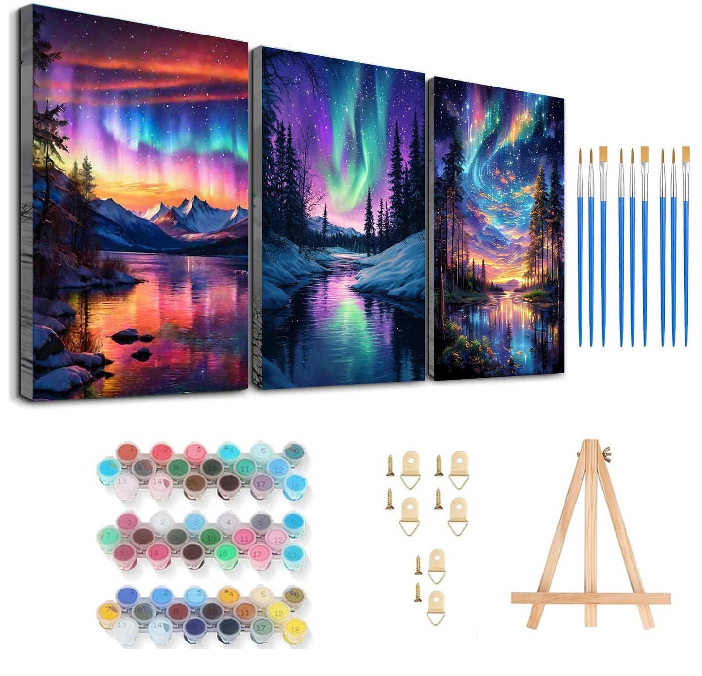 Axquilon 3 Packs Framed Paint by Numbers Kit for Adults - Aurora Adult Paint by Number Kits with Easel, Easy Adults' Paint-by-Number Kits for Gift Home Wall Decor 8x10in