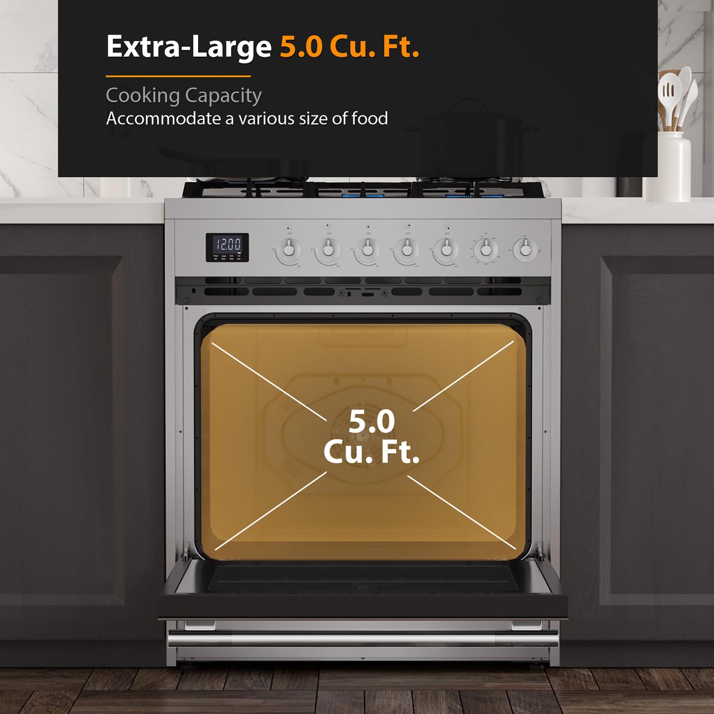 Empava Gas Range, Convection Oven 5.0 Cu. Ft with Touch Timer, 5 Deep Recessed Burners Cooktop, Heavy Duty Continuous Grates in Stainless Steel, Freestanding & Slide-in,30 Inch