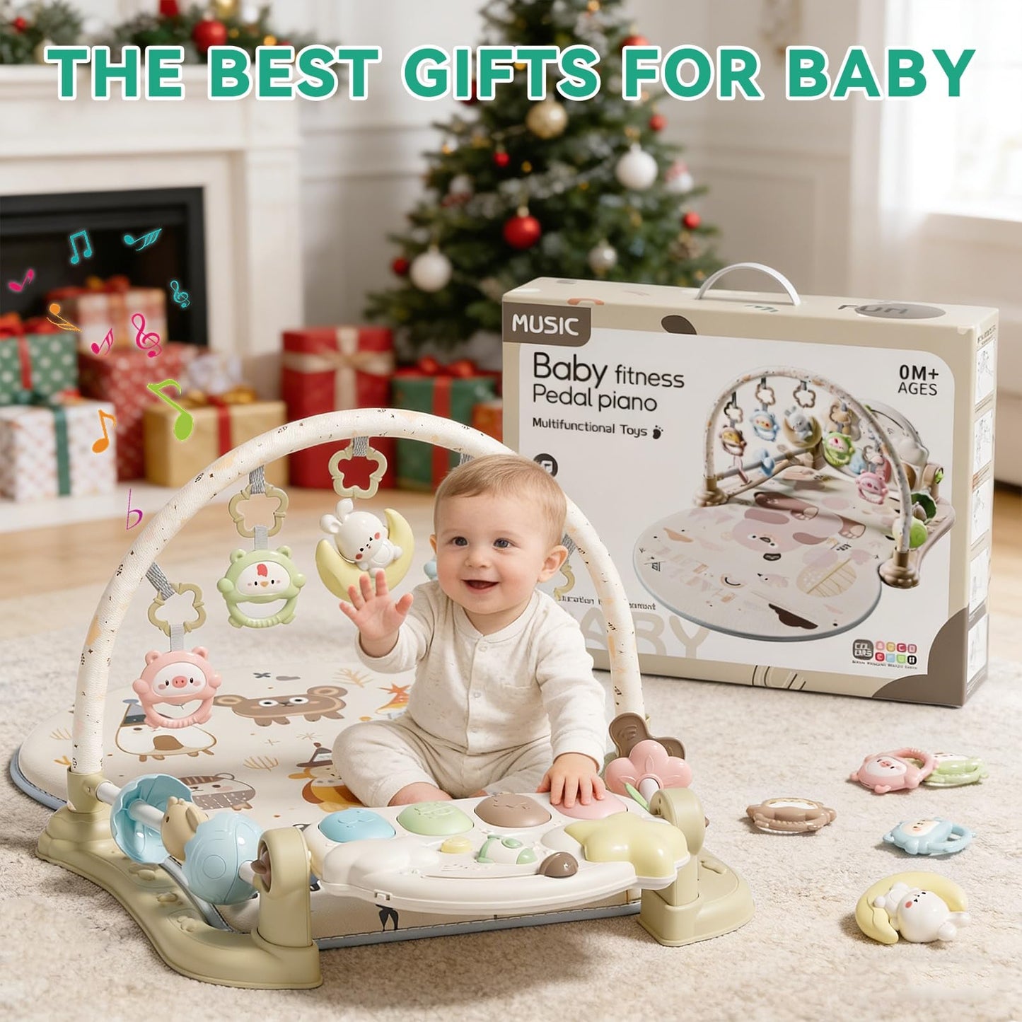 YOULEBITOYS Baby Play Gym Mat - Funny Play Piano Activity Playmat with 5 Infant Learning Detachable Toys for Sensory Development, Music and Lights Tummy Time Mat Newborns Gifts for 0-12 Months