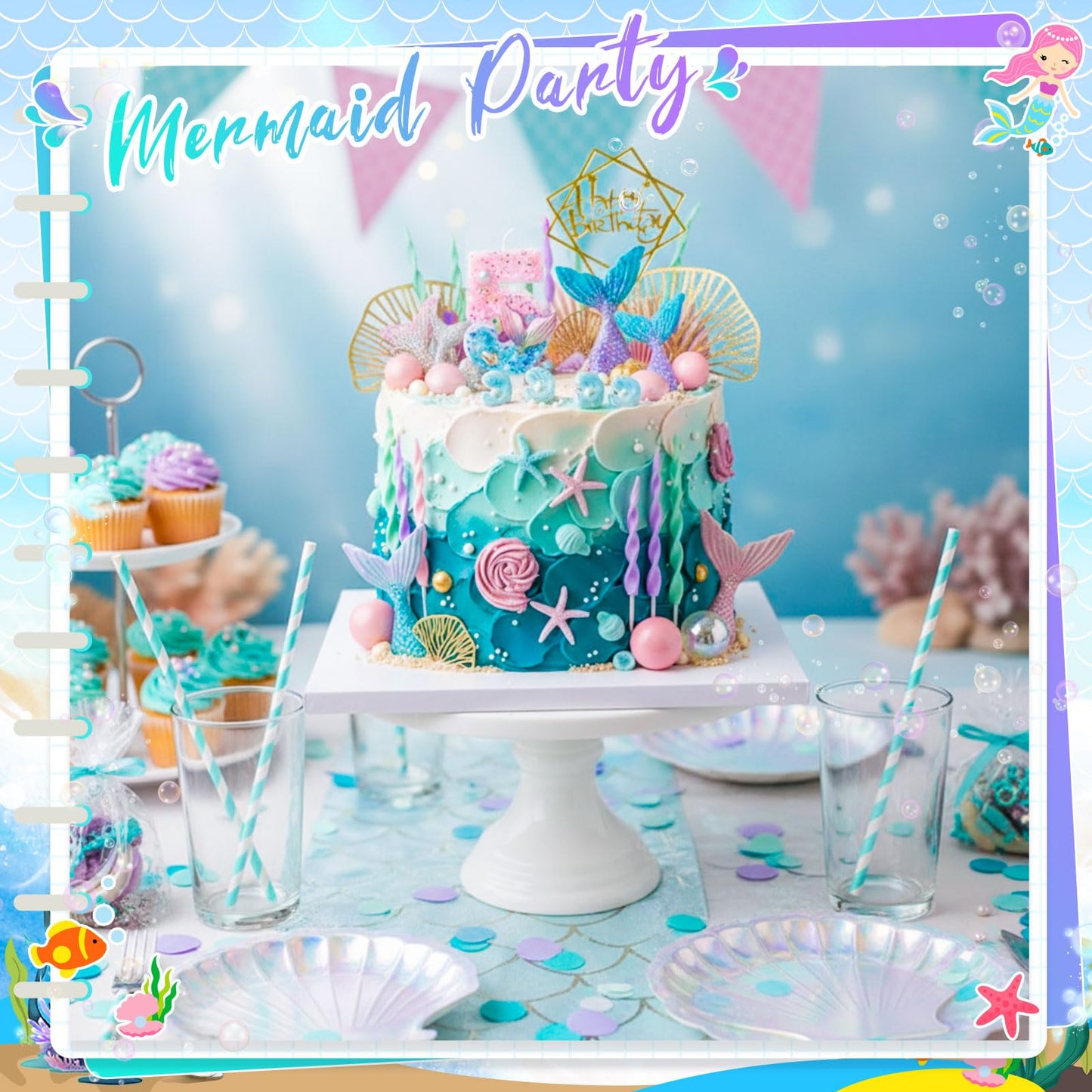 Acellegic 32 Pcs Mermaid Cake Toppers Under the Sea Cake Decor Sets Mermaid Tails Seaweeds Bubbles Shells Golden Ginkgo Leaves Birthday Card Candle for Birthday Wedding Party Supplies(Number 5)