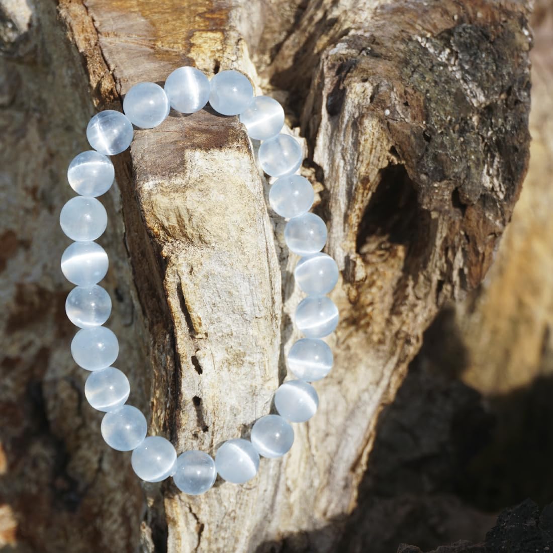 Natural Selenite Bracelet 8mm | Aqua Blue | Crown Chakra Crystal with Cat-eye Effect | Handmade Meditation Healing Bracelet for Women Men | Beading Tool Kit - Fits for 6.5-7.5 inch Wrist Size
