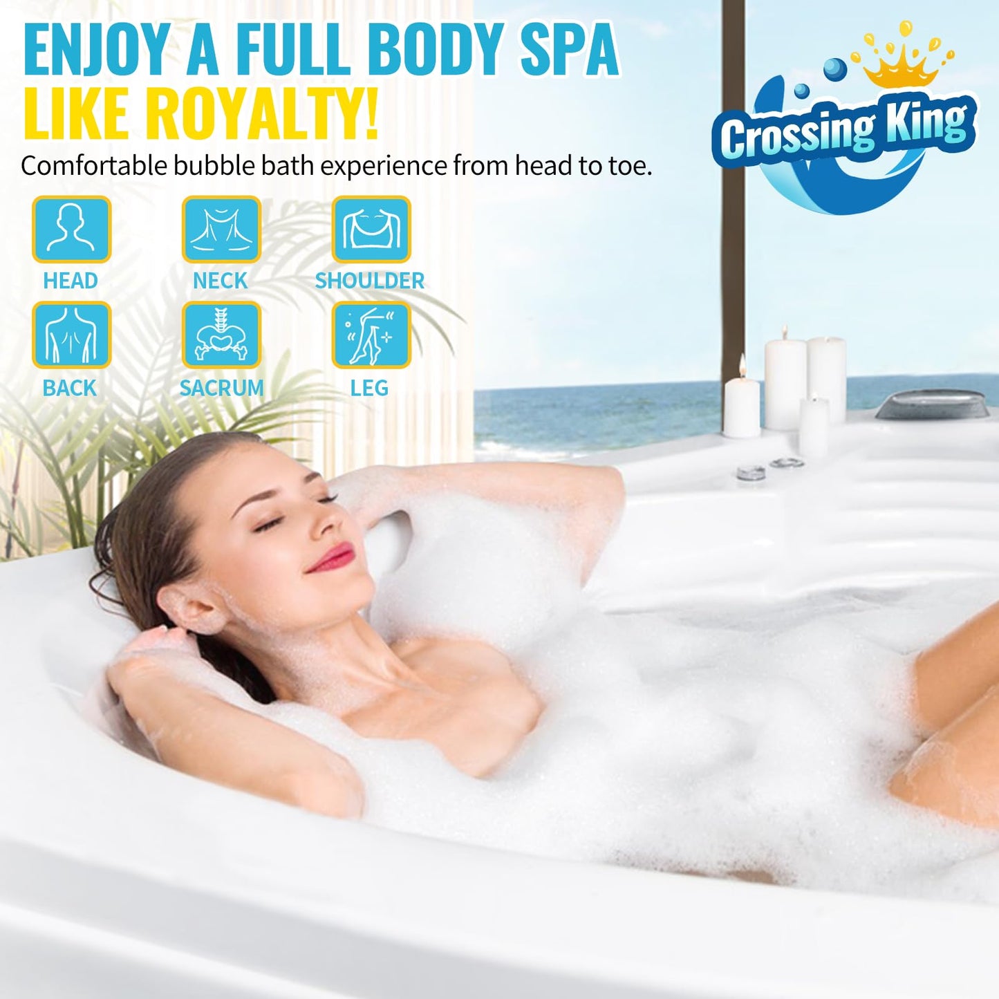 Crossing King Bubble Bath Mat Tub Spa Massager, Portable Spa Bubble Bath Massager with Upgraded Powerful Suction Cup, Electric Air Pump, Pillow and Remote Control for Relaxation 45 * 17in (Grey)