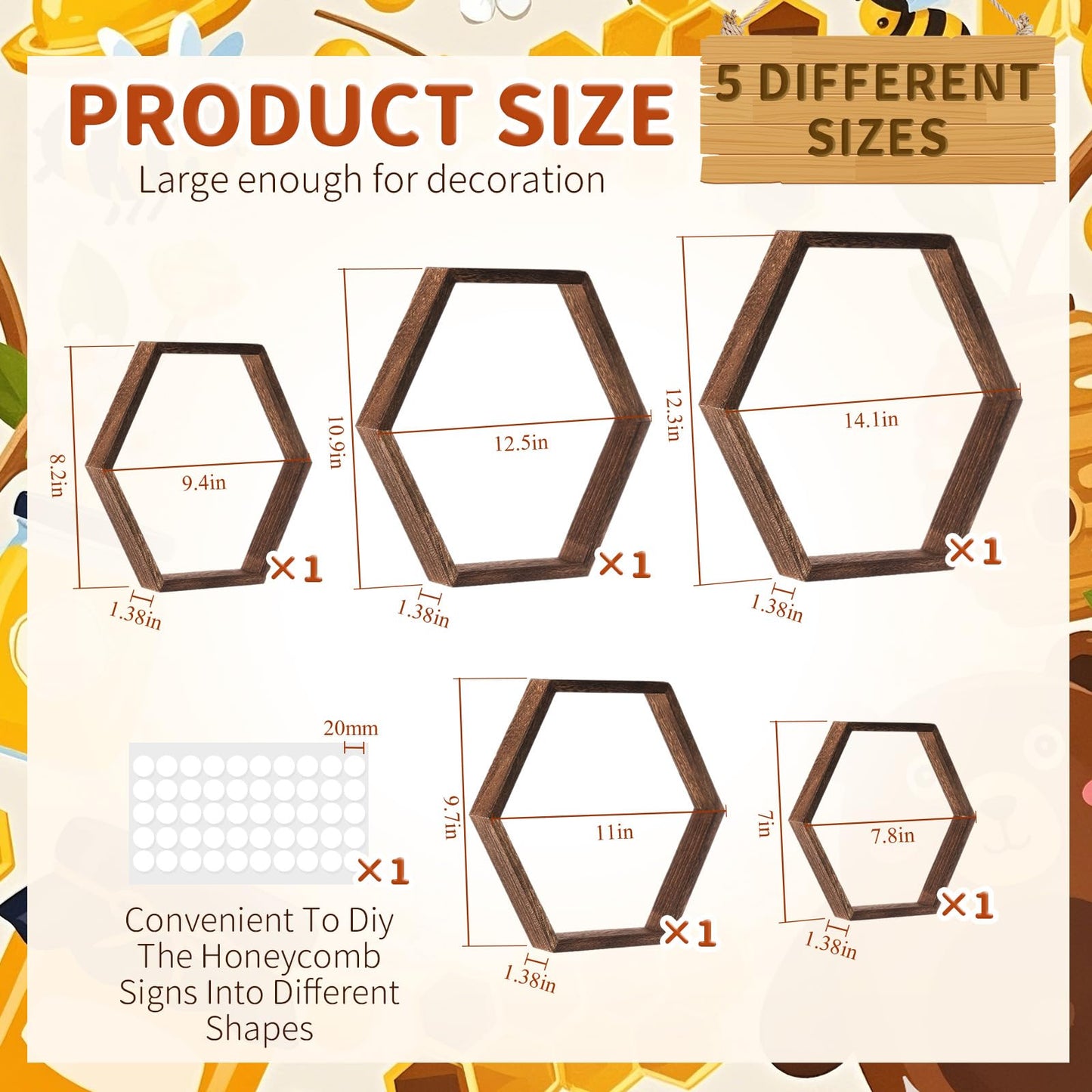 Gerrii 5 Pcs Honey Comb Decorations 5 Sizes Wood Hexagon Shelves Honeycomb Centerpiece Cupcake Stand Wooden Bee Hive Display Holder for Baby Shower Honeybee DIY Birthday Party Decor (Dark Brown)