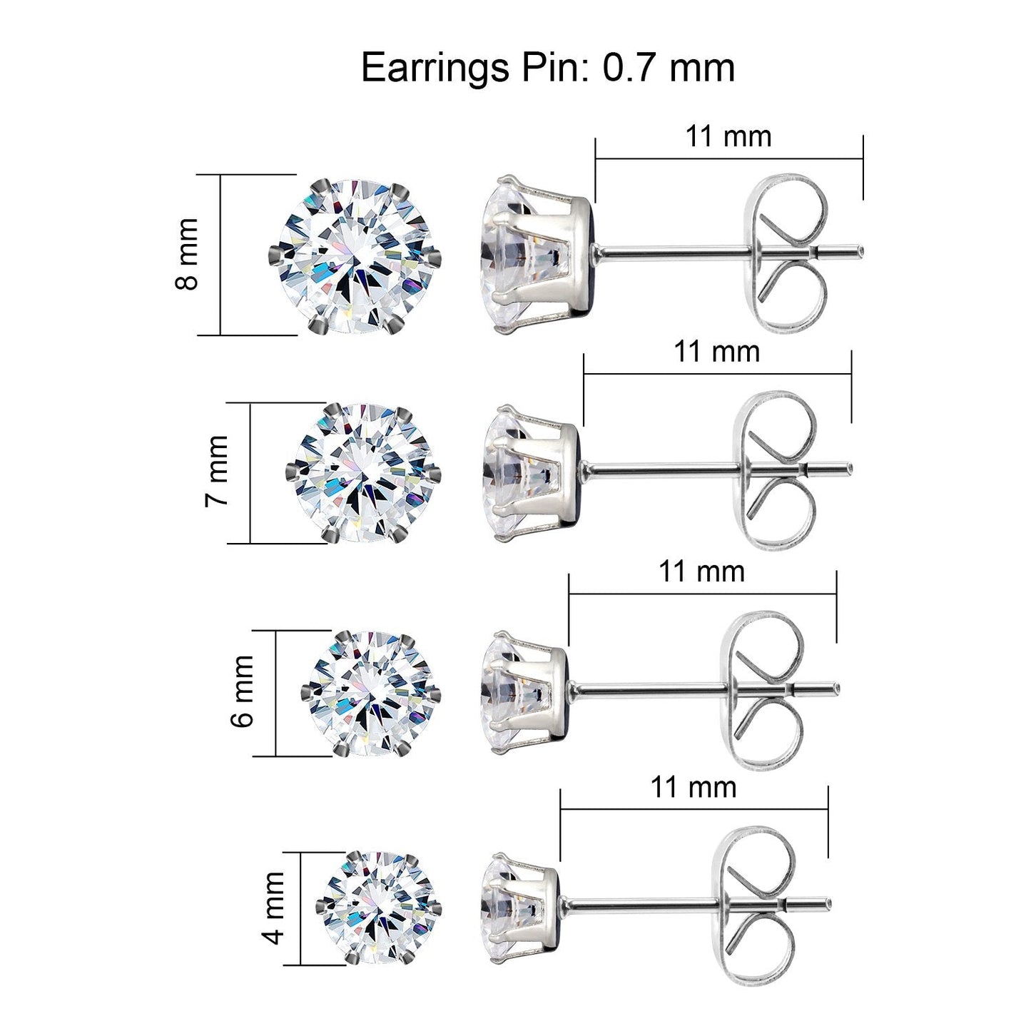 JewelrieShop Earrings for Women Studs Set Stainless Steel CZ Earing Hypoallergenic Multiple Piercing Ear Stud (8 pairs,4-8mm,White,Yellow CZ)
