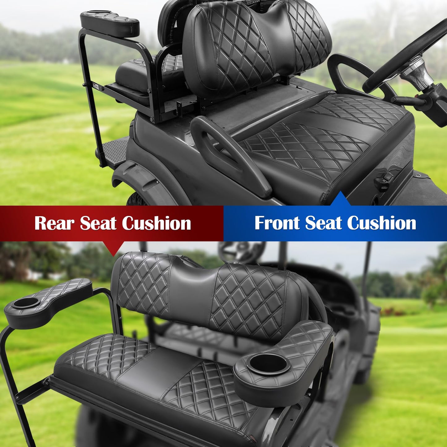 NOKINS 4PCS Golf Cart P Front and Rear Diamond Seat Covers and Golf Cart Rear Armrest with Cup Holder Kit (Fits 1-inch Square Tube) for Club Car Precedent Original Regular Seat Cushion(Black)