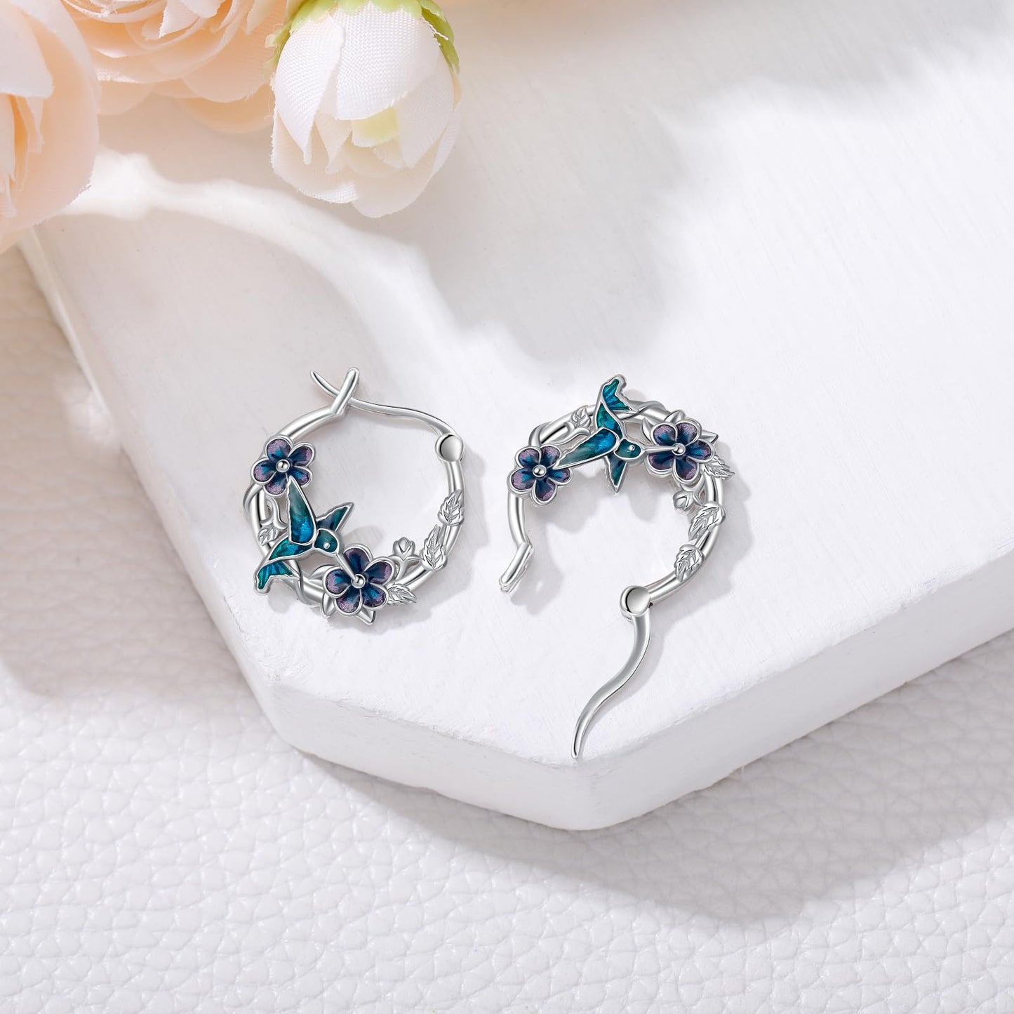 JUSTKIDSTOY Hummingbird Earrings for Women Girls 925 Sterling Silver Bird Flower Hoop Earrings Jewelry Hummingbird Graduation Gifts for Daughter Her