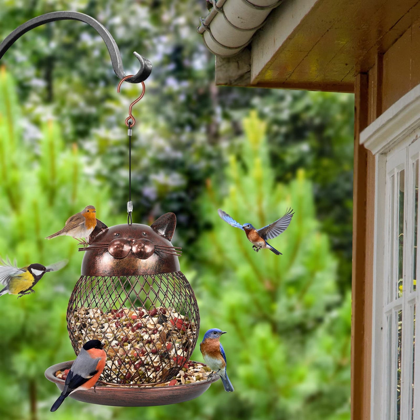 Outside Wild Bird Feeder, Heavy Duty Metal Frame Outdoor Bird Feeders Hanging for Garden Yard Decoration, Cute Cat Shaped