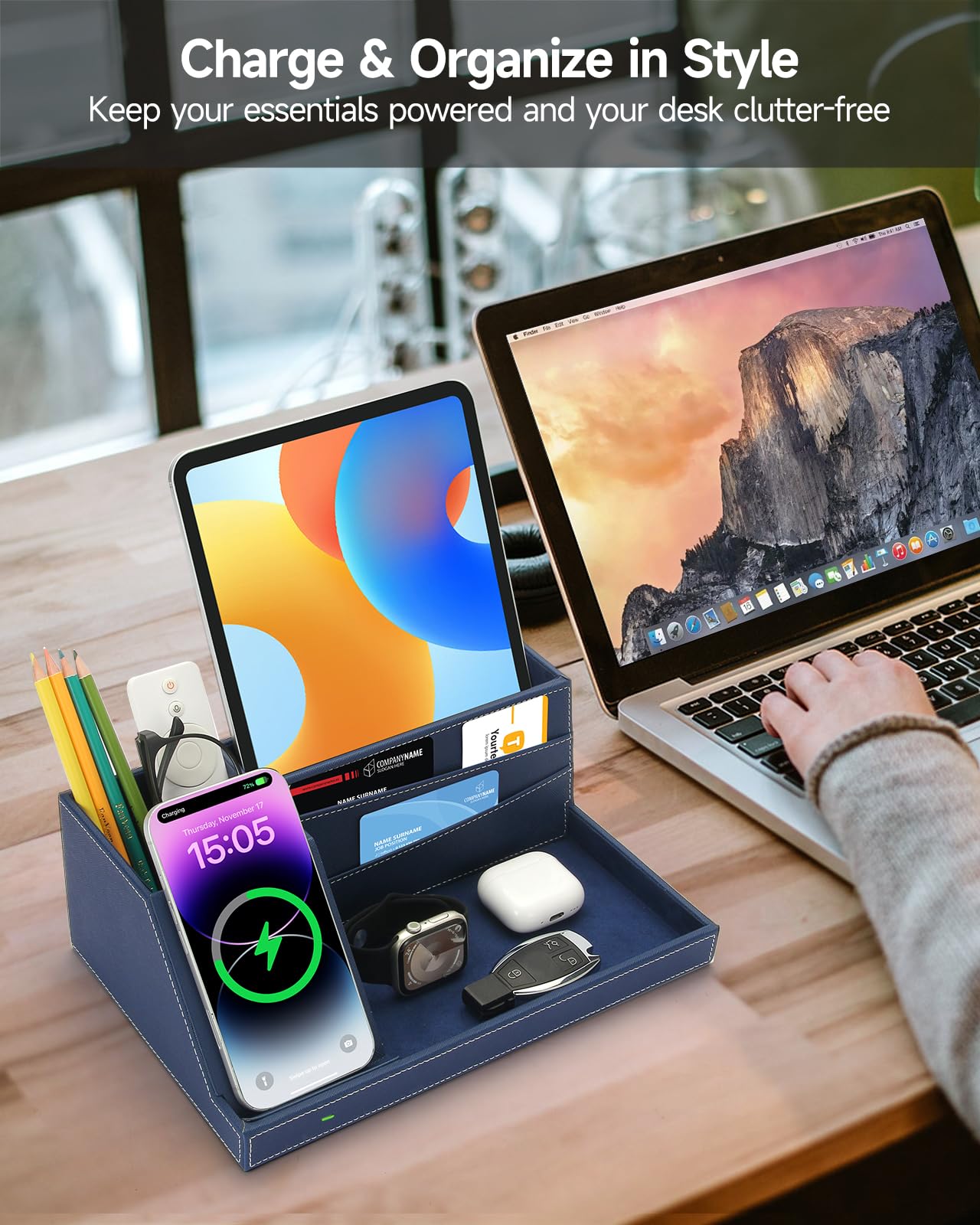 Desk Organizer with Charging Station, Nightstand Organizer Phone Docking Station, Men Gift Husband Wife Anniversary Dad Birthday Nightstand Purse Father Graduation Male Travel Idea Gadgets