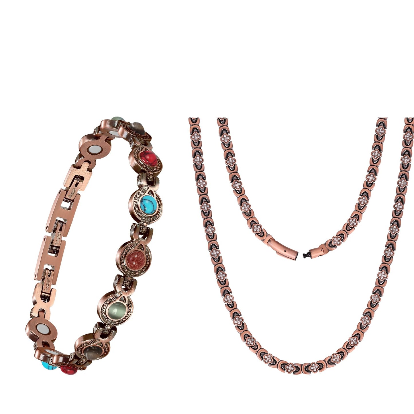 Feraco Copper Necklace & Bracelet for Women, 99.99% Pure Copper Magnetic Chains with 3500 Gauss Ultra Strength Neodymium Magnets & Sparkling Cubic Zirconia, Adjustable CloverJewelry Gift