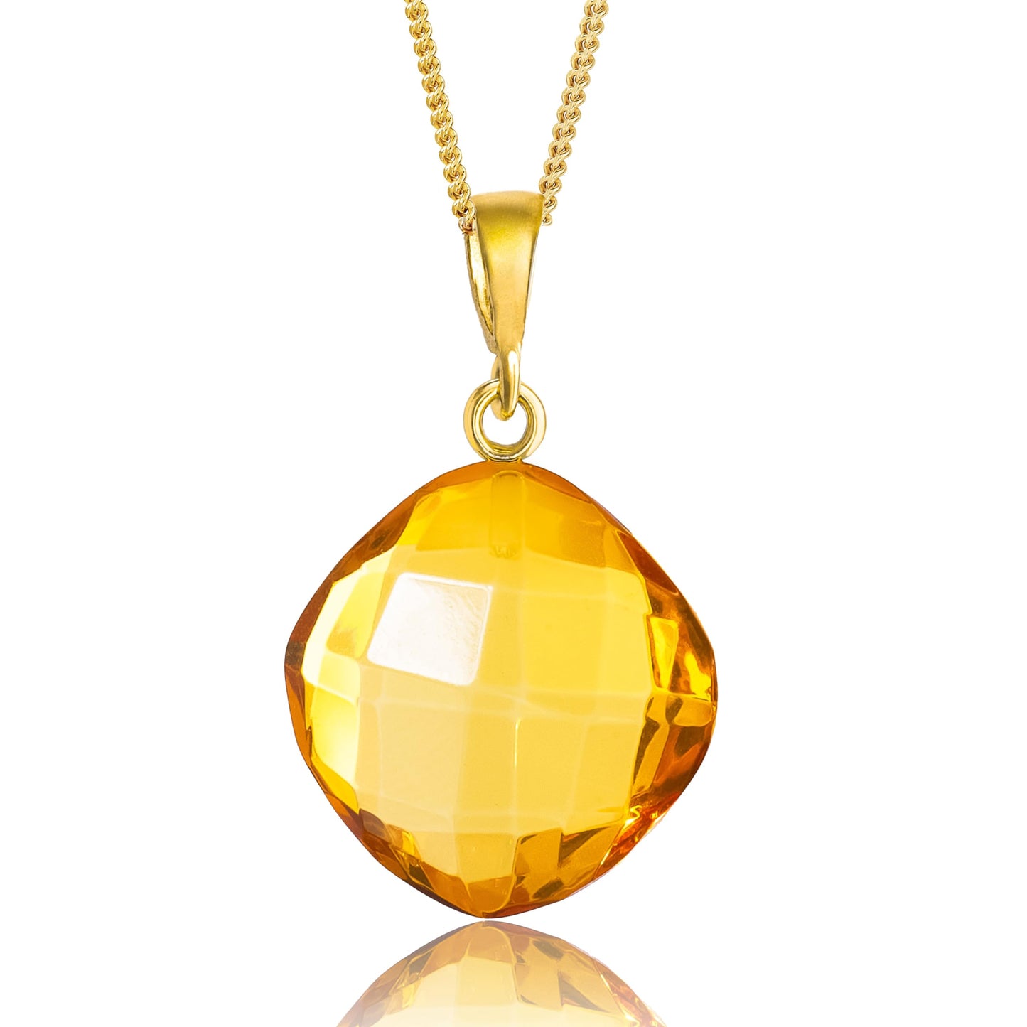 Amber by Mazukna Natural Baltic Amber Pendant for Women, Cognac Drop Necklace with Gold-Plated Sterling Silver Chain, Lightweight 18-inch Jewelry Gift for Everyday Elegance (Faceted Cushion)