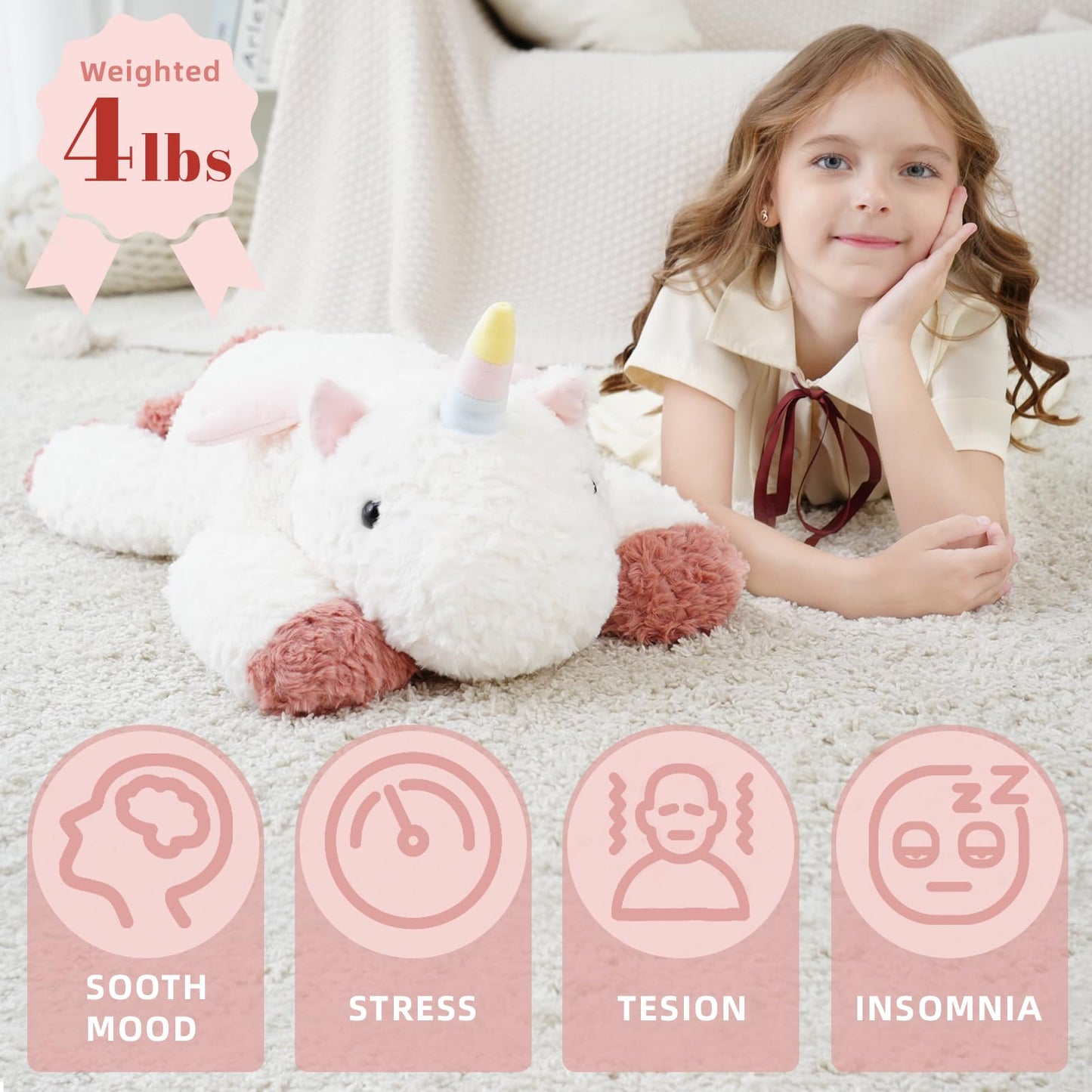 YGZE Weighted Unicorn Stuffed Animal – 24 Inch, 4 lb Calming Plush Toy for Girls and Kids, Soft and Huggable Gift for Birthdays and Holidays