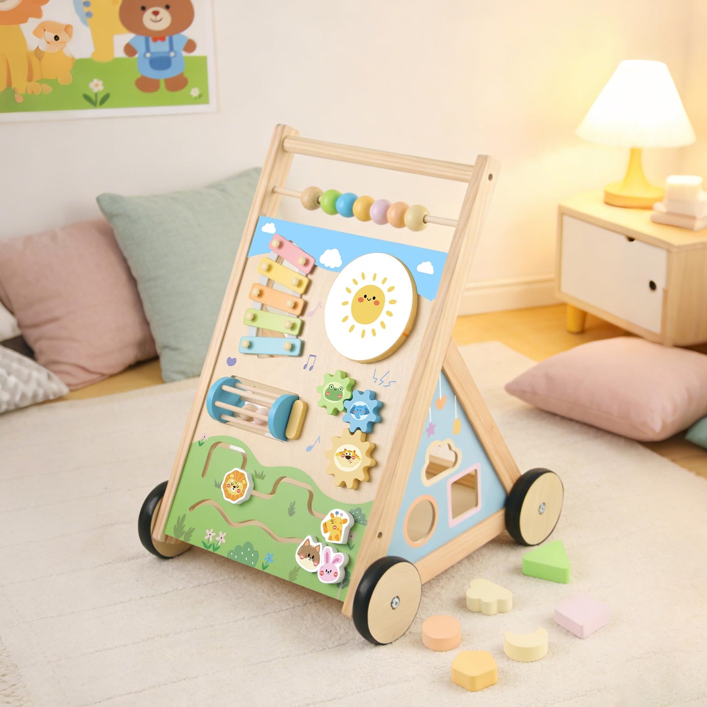 Ranqibo Wooden Baby Walker, Baby Walker with Wheels, Includes Montessori Sensory Toys and Activity Center, 6-18 Months for Boys and Girls