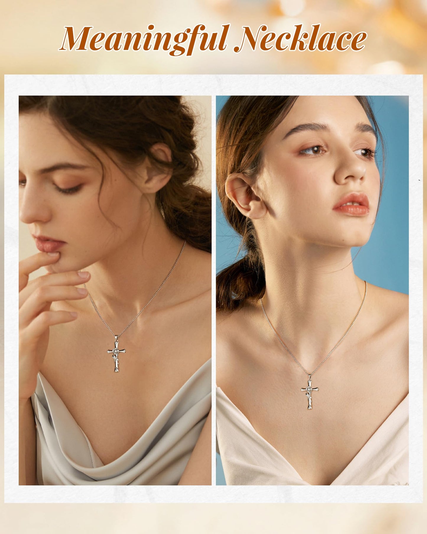 ACECHA Silver Cross Necklace for Women, Dainty Faith Cross Pendant Necklaces with Rose Jewelry for Mom Wife Daughter Sister | Gifts for Birthday Anniversary Christmas Easter(Rose-Romantic)