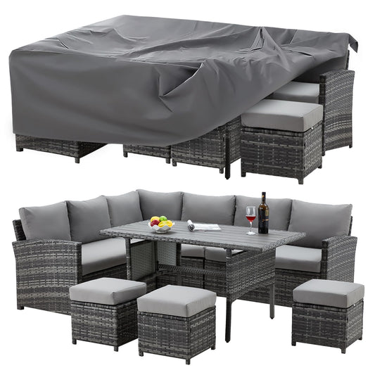 U-MAX 7 Pieces Patio Furniture Set with Waterproof Cover, Outdoor Sectional Sofa Conversation Set, All Weather Wicker Rattan Dining Table & Chair with Ottoman, Grey Rattan&Grey Cushion