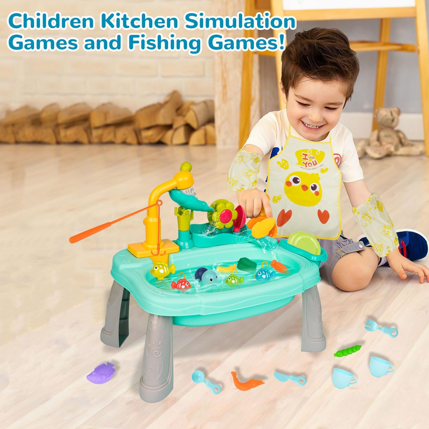 Mini Water Table for Toddler 1-3, Kids Play Sink with Running Water, Outdoor Toys for Kids Ages 4-8 with 360° Electric Faucet, Floating Fishing Game, Sensory Activity Kitchen Toy for Boys Girls