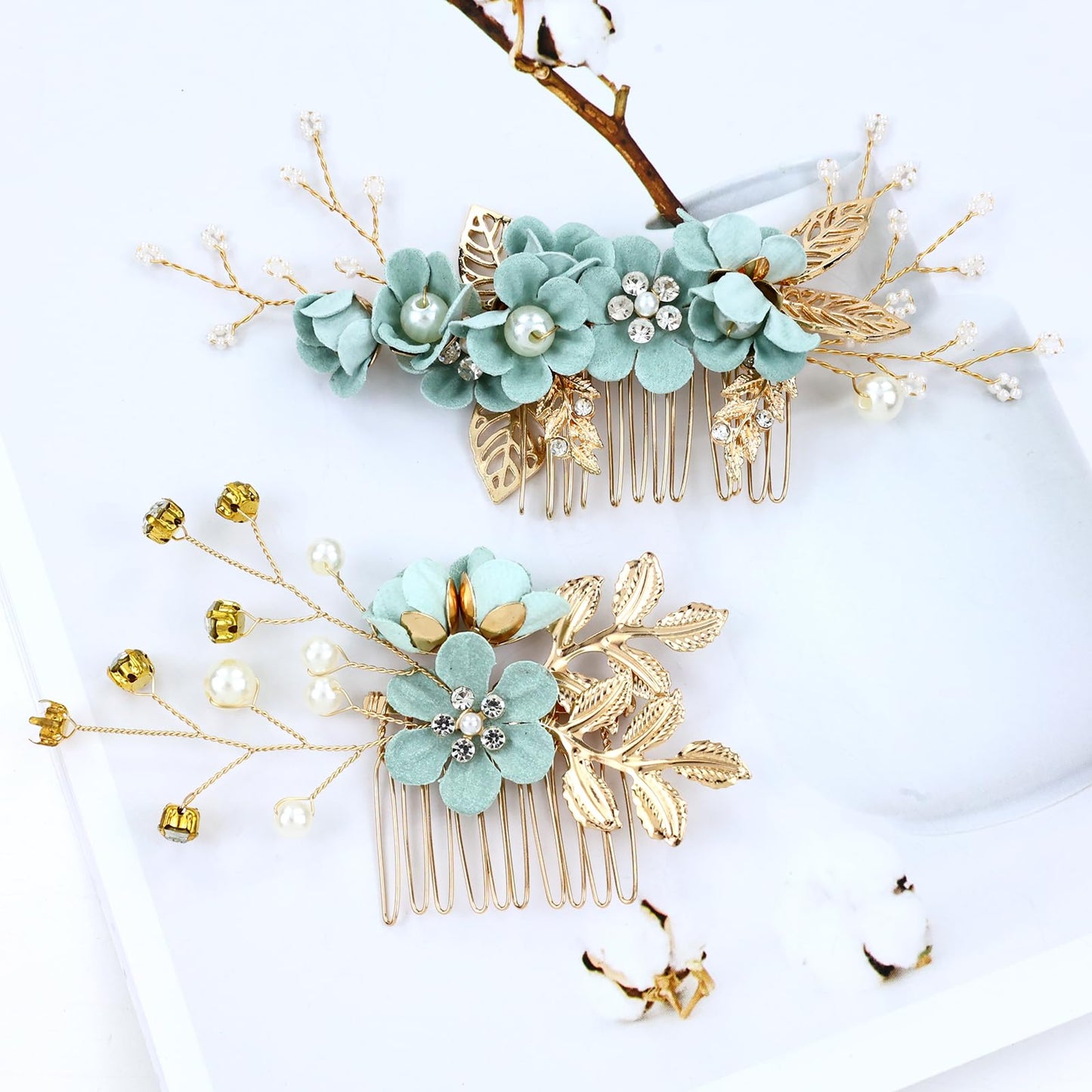 inSowni 20 Pieces Rhinestone Pearl Bridal Wedding Party Prom Light Green Flower Hair Side Combs Slides +U-shaped Floral Hair Pins+Twist Spiral Pearl Hairpins for Brides Bridesmaids Girls Women