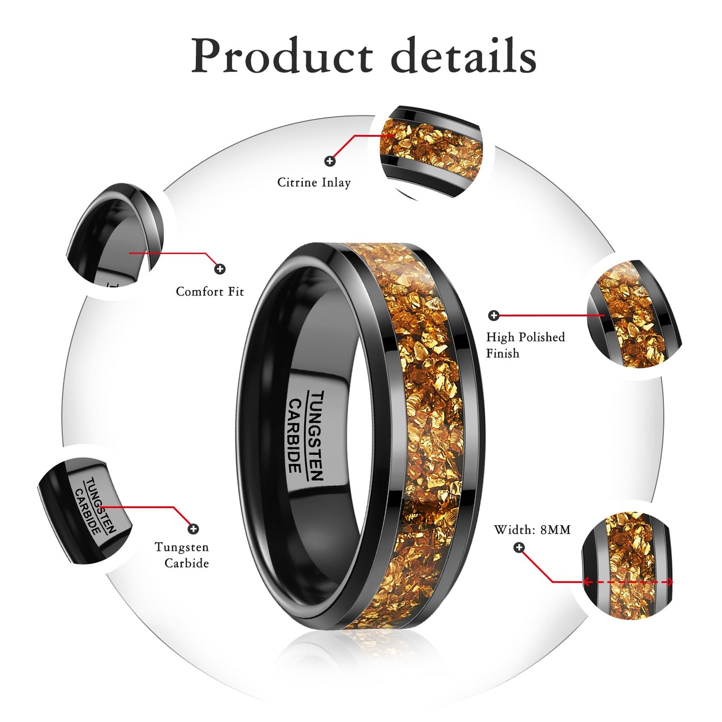 NUNCAD Men's Tungsten Rings 8mm Black Wedding Band Inlaid with Citrine Center Polished Domed Comfort Fit Size 9