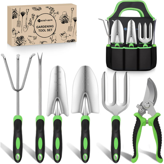 Yesker Gardening Tools 7-Piece Heavy Duty Garden Tool Set Gardening Supplies Gifts for Women Men Gardening Hand Tool Kit with Non-Slip Ergonomic Handle, Durable Garden Bag, Pruning Shears, Black Green