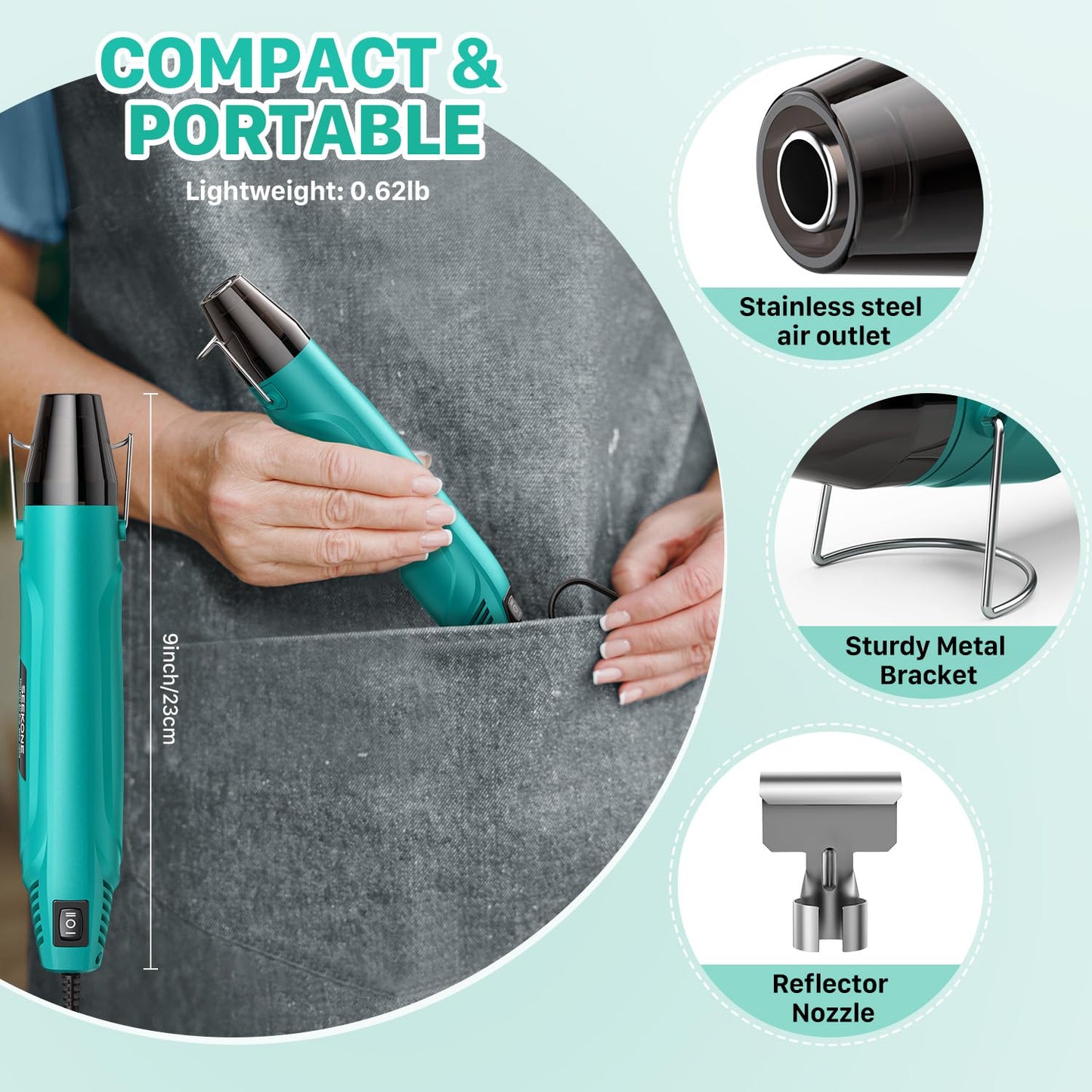 SEEKONE 350W Mini Heat Gun, Dual-Temp Model 500℉ & 842℉（260℃ & 450℃）Fast Heat Hot Air Gun with Overheat Protection and Reflector Nozzle for Heat Shrinking Tubes, Shaping, PVC Tubing（4.9FT）