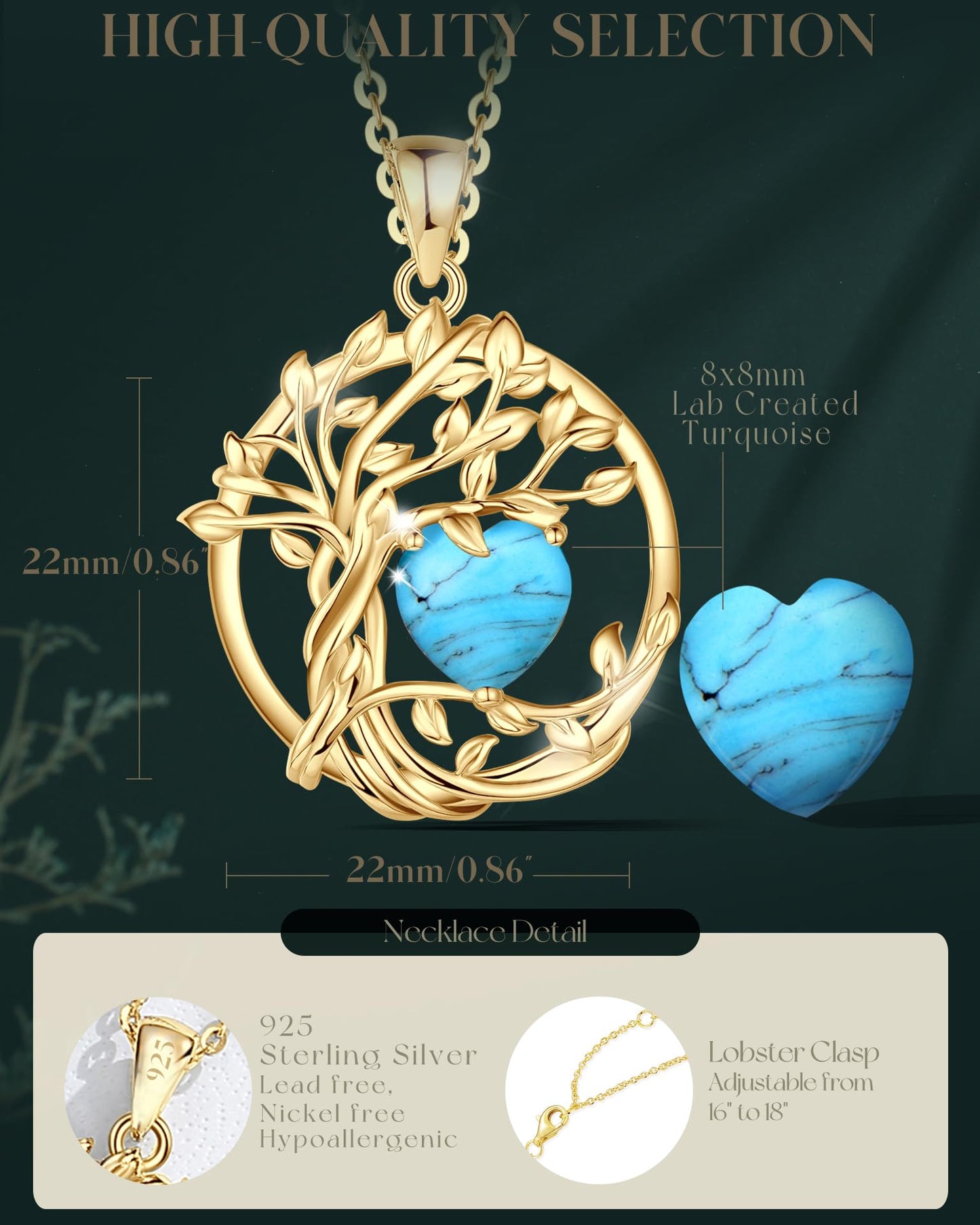 FANCIME Tree of life December Birthstone Necklace for Women Sterling Silver Yellow Gold Plated Created Turquoise Pendant November Birthday Jewelry Mothers Day Gifts for Wife Mom Her