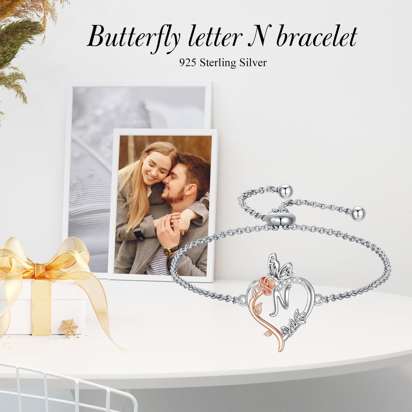 TOUPOP Rose Heart Bracelet for Women Sterling Silver Heart Initial N Letter Bracelet Butterfly Love Jewelry Anniversary Birthday Mothers Day Gifts for Mom Wife Her Girlfriend