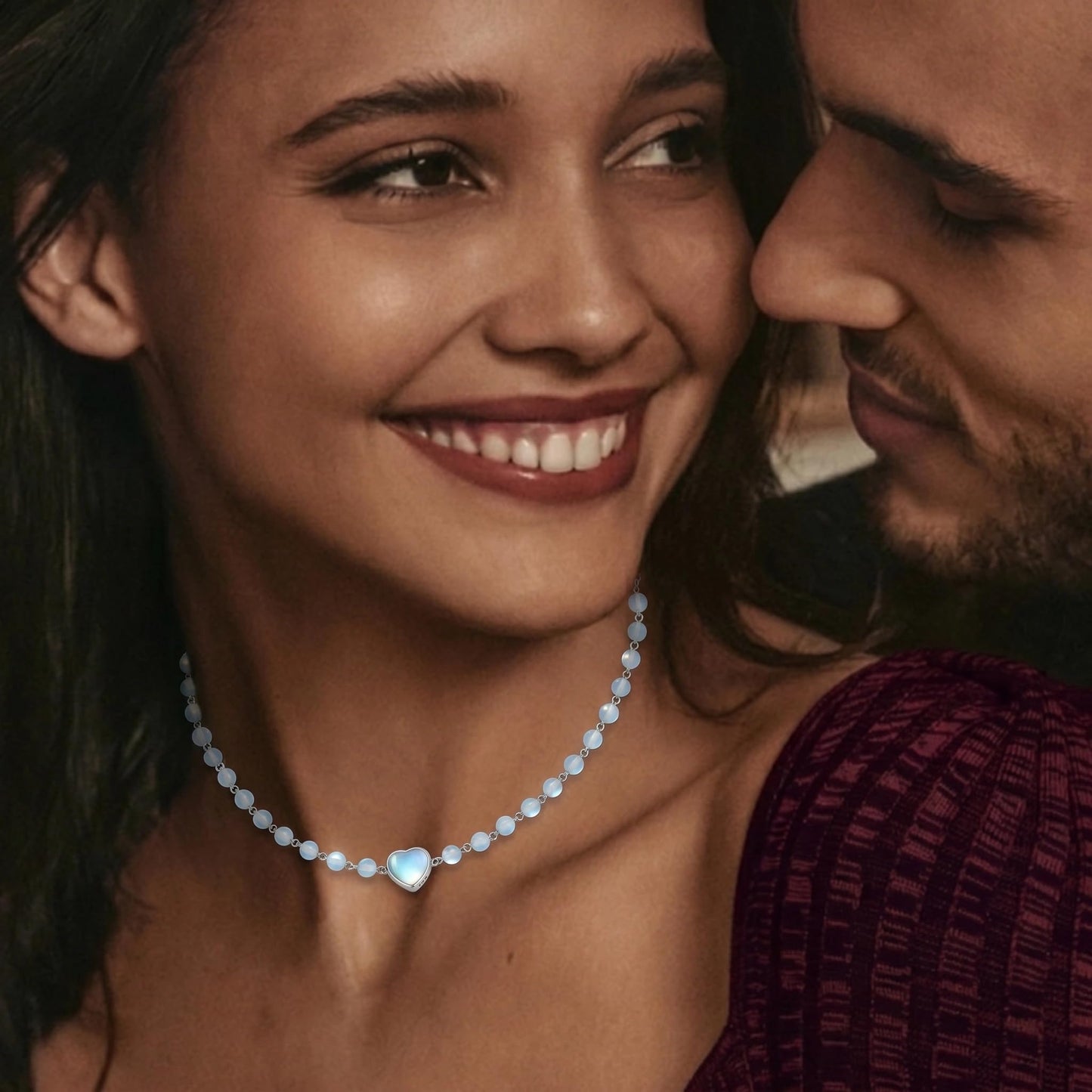 OUTANG Moonstone Beaded Necklace for Women 925 Sterling Silver Heart Choker Necklace Ladies Jewelry Gifts