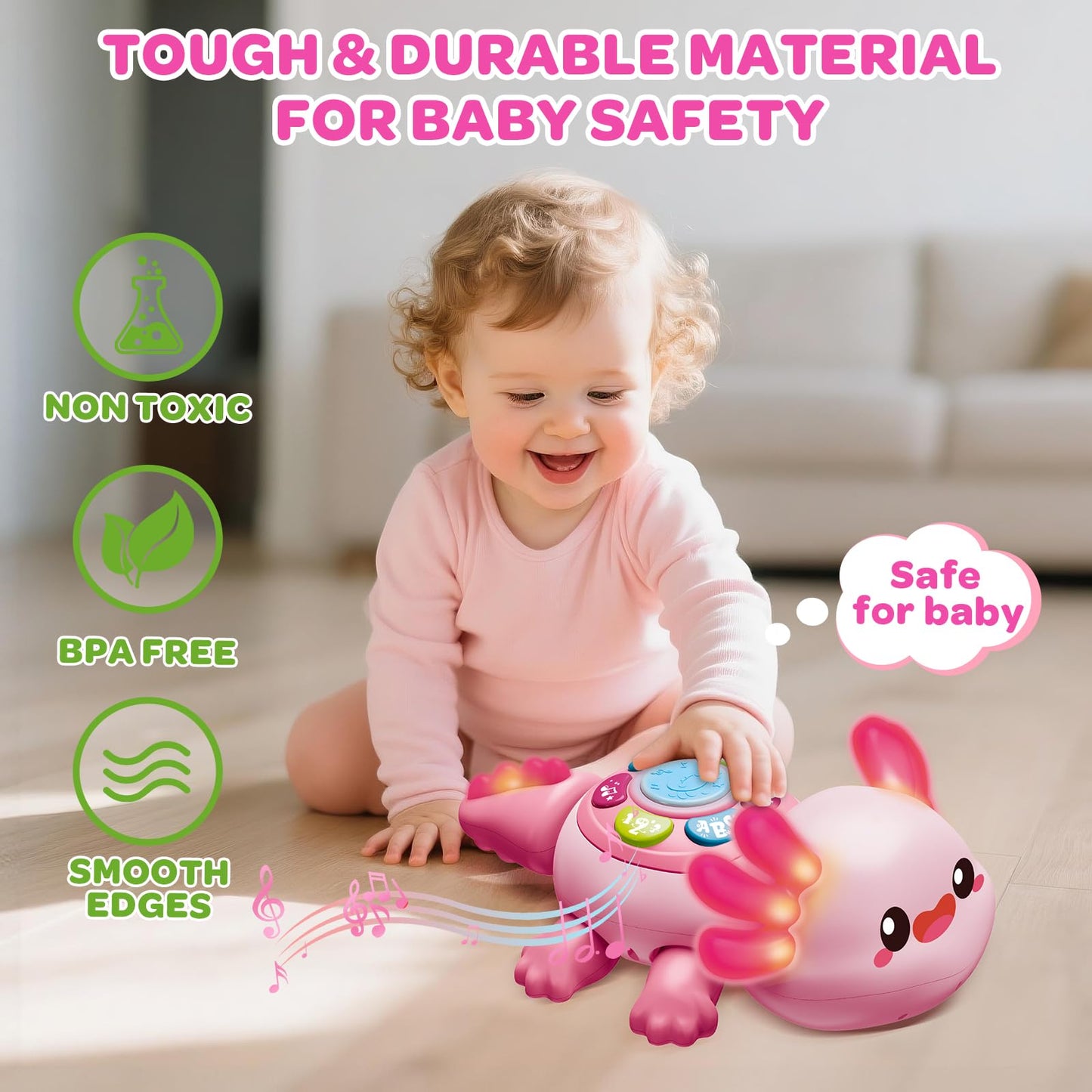 Baby Toys 6 to 12 Months, Light Up Tummy Time Toy for 12-18 Months, Crawling Axolotl Early Educational Musical Toy with Light, Christmas Birthday Gifts for Infant Baby 6-12 Month 1 2 Year Old