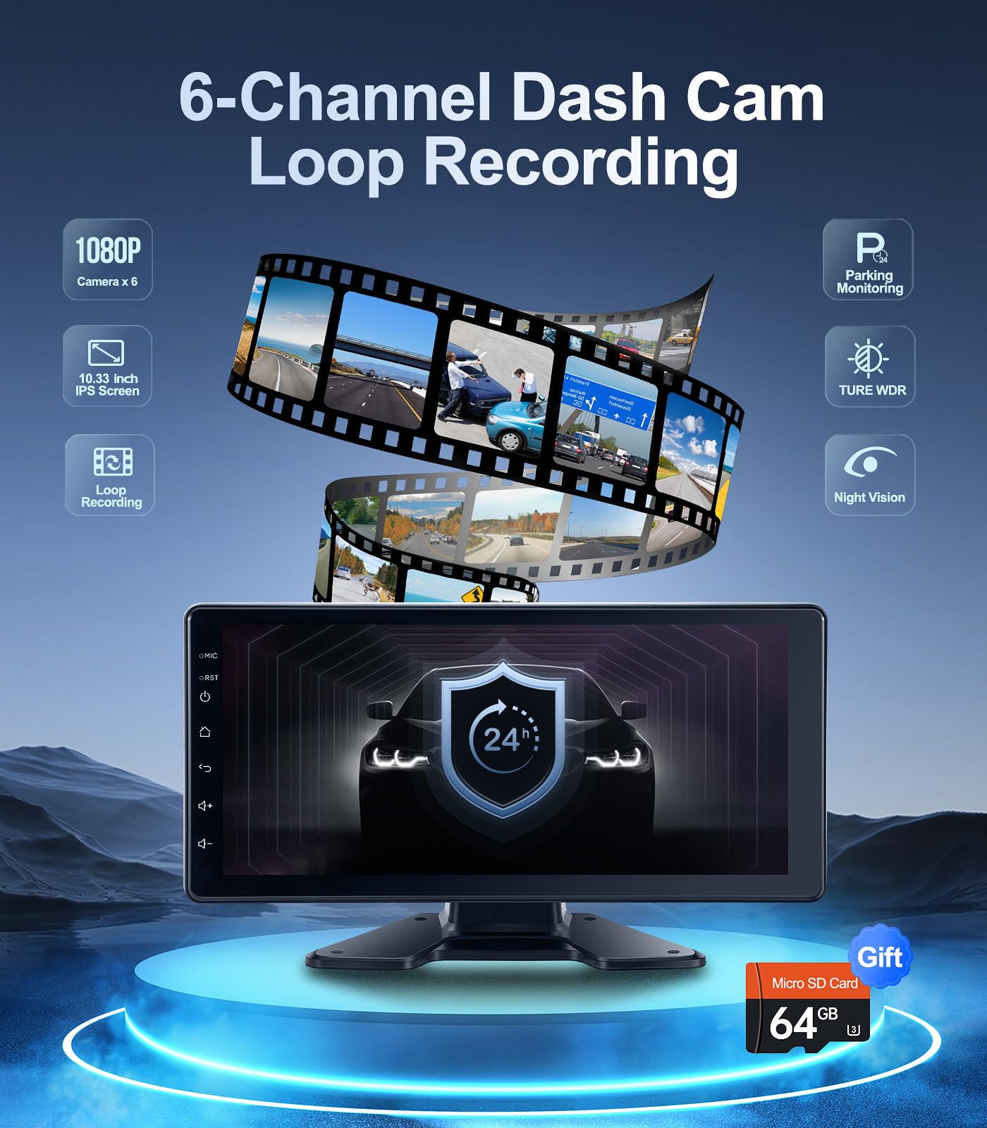 6-Channel 1080P Dash Cam Backup Camera System with 10.33 Inch Touch Screen Parking Monitor, Back Up Camera Car Radio for RV/Truck/Trailer/Van/SUV/Cars,Wireless Carplay/Android Auto/WiFi/Bluetooth/FM