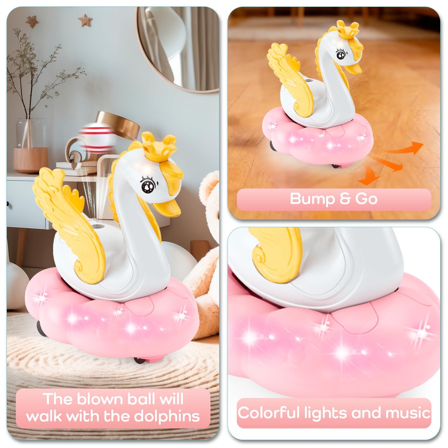 lonfypeng Baby Swan Musical Crawling Toy with Lights, Sounds, Blowing Ball, Infant Sensory Toys, Birthday Gifts for Kids Boy Girl 3 4 5 6 7 8 Years