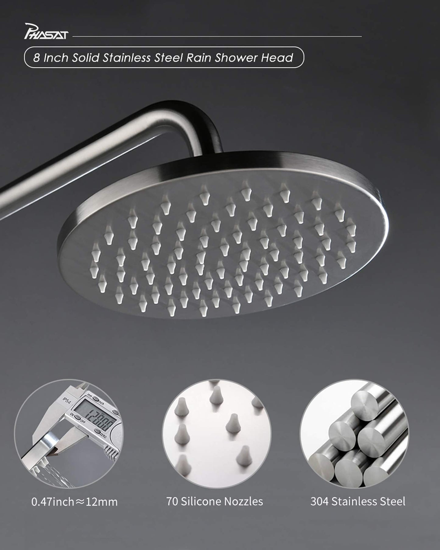 PHASAT Shower Fixtures,SUS 304 Stainless Steel Wall mounted Exposed Shower System,3 Function Outdoor Shower,Brushed Nickel,CT8121