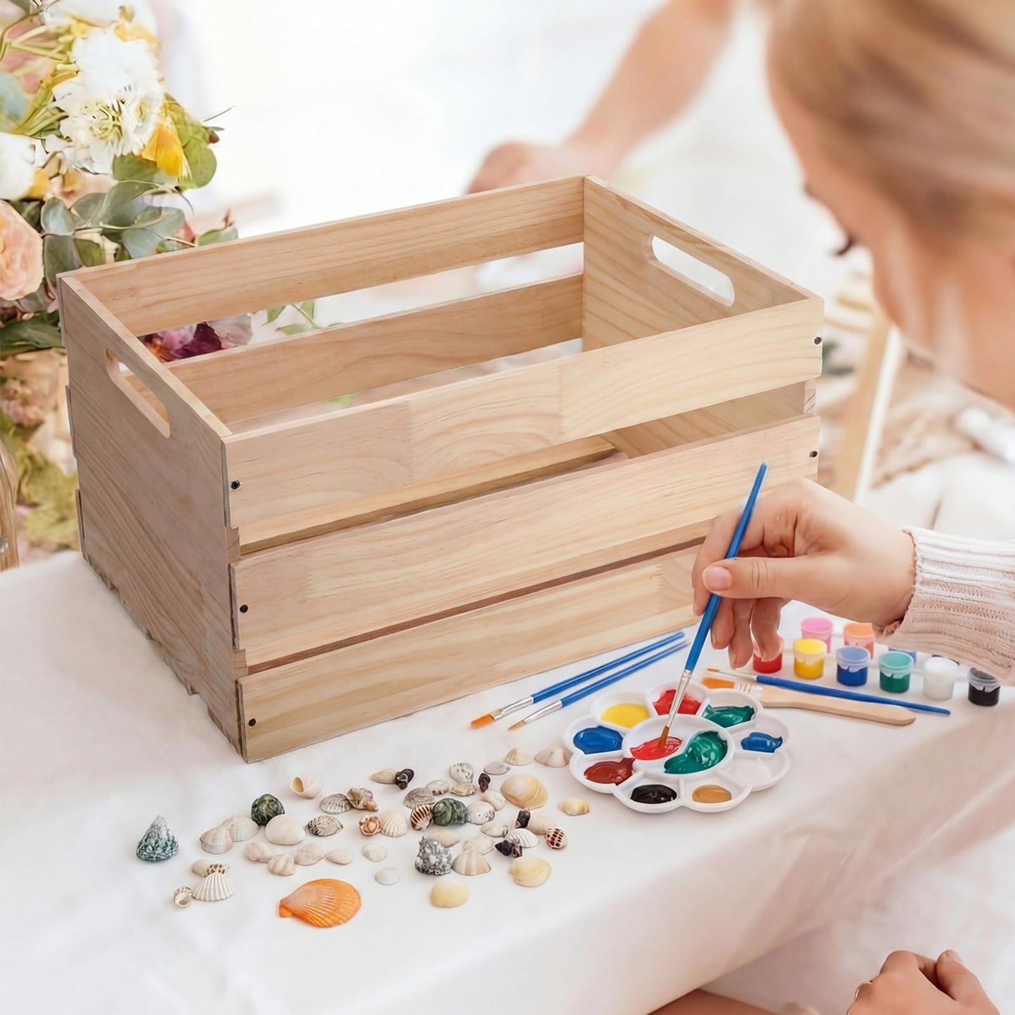 BreezeHug 2 Pack DIY Bikini Box Kit 16.1x11.8x9.4 Inch Unfinished Wooden Crate with 4 Sets of 12 Color Paint 2 Brushes 1 Palette 1 Pack for Custom Beach Themed Crafts Organization