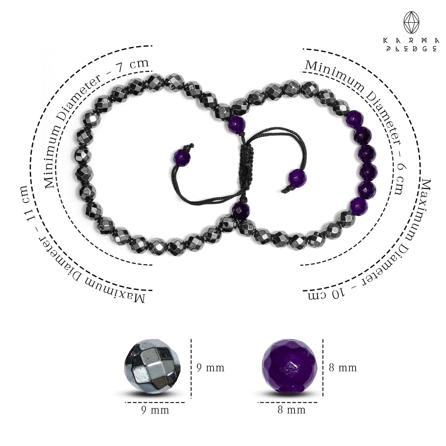 Crystal Bracelet, Hematite & Amethyst Chakra Healing Crystal Bracelets for Men & Women, Spiritual, Positive Energy & Balance, Handmade 8mm Crystal Beads Adjustable Bracelets by Karma Pledge