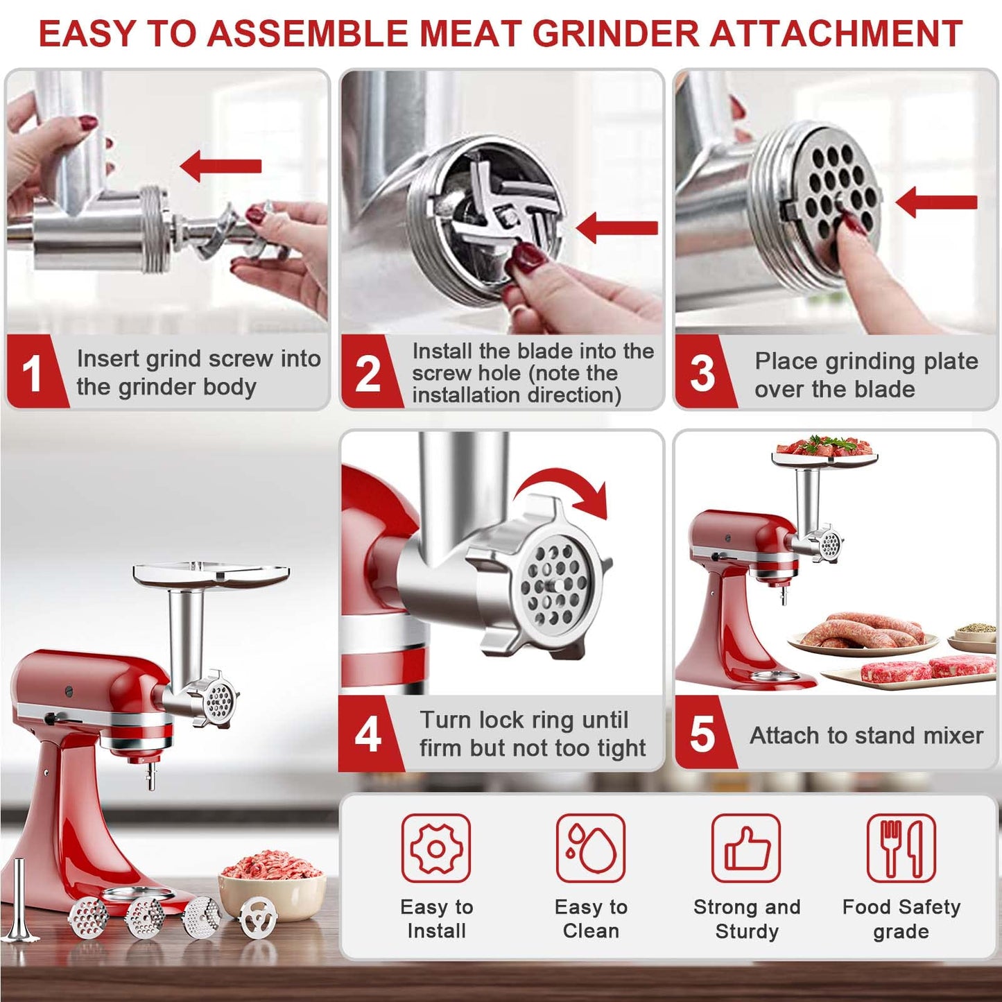 Meat Grinder & Slicer Shredder Attachments for KitchenAid Stand Mixer, Meat Grinder with Sausage Stuffer Tubes and Slicer Shredder Set, 2 Pcs Attachment Set for KitchenAid Mixers By Cofun