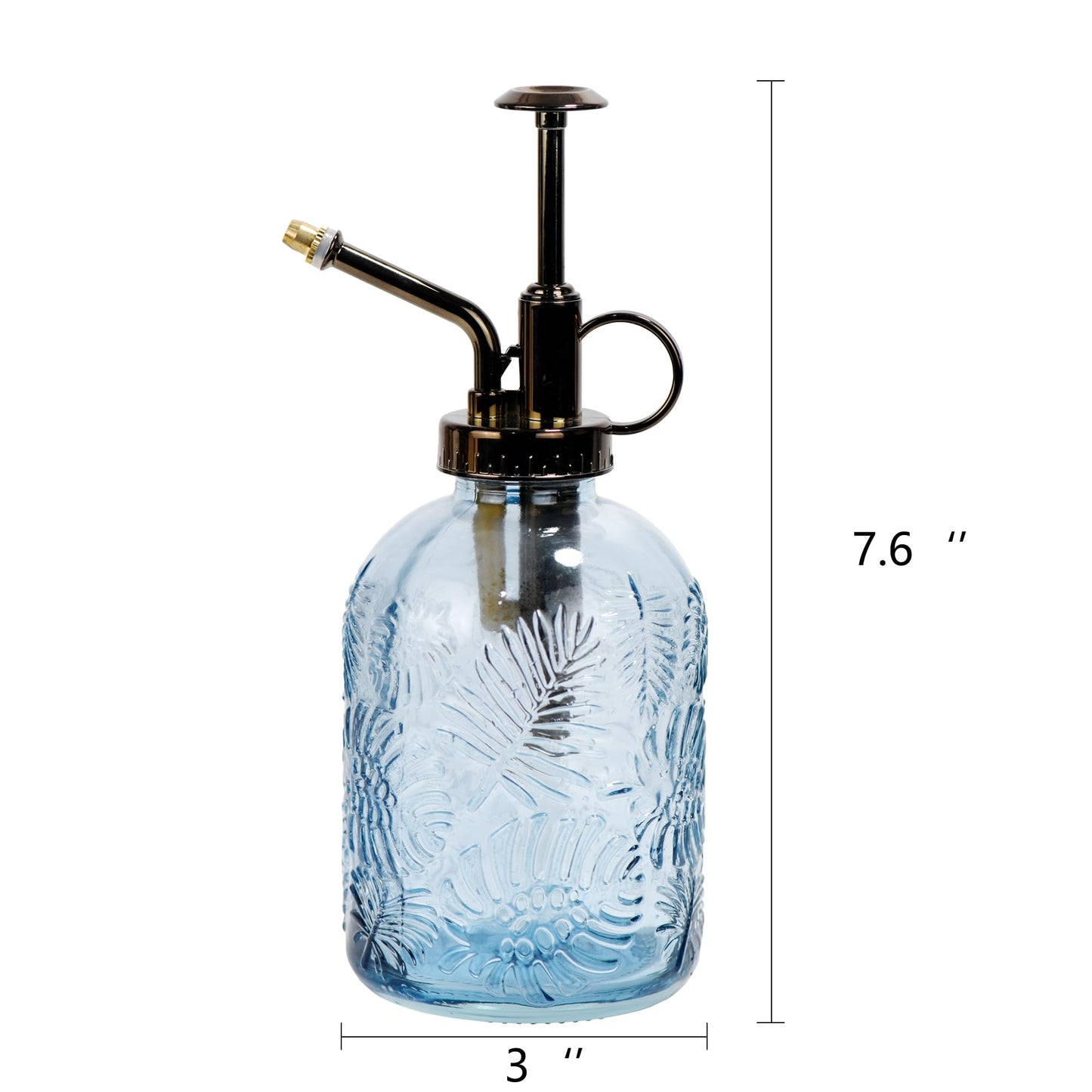 SDlumeiy 11.8 Ounce Glass Plant Spray Bottle, Glass Leaf Print One Handed Watering Can with Antique Brass Plastic One Handed Top Pump, 7.6 Inch Tall Indoor and Outdoor Plant Small Spray Bottle (Blue)