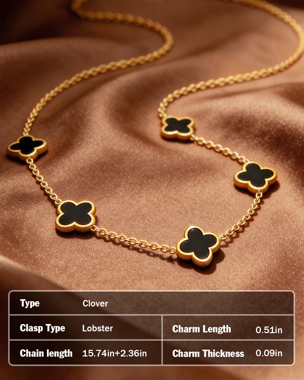Aimétte Monette 18K Gold Plated Jewelry Set, Clover Necklace and Clover Bracelets Set, Women's Hypoallergenic Black Gold Lucky Clover Bracelet and Necklace Fashion Gifts for Women Trendy