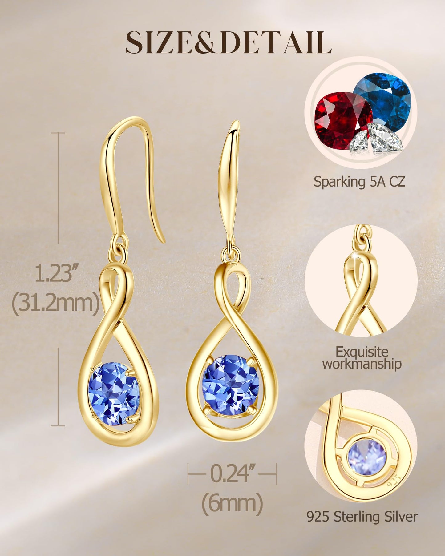 FANCIME Tanzanite Dangle Drop Earrings 925 Sterling Silver Yellow Gold Plated Dainty Infinity Gemstone December Birthstone Earring Fine Jewelry Birthday Mothers Day Gifts for Mom Her Women