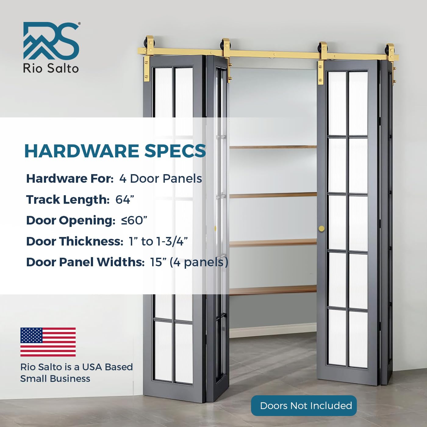 Rio Salto Gold Bifold Sliding Barn Door Hardware Kit Heavy Duty Metal Track System with Matching Knobs Gold Bi-Fold Barn Door Bifold Closet Doors, Bi-Folding 64" Track for 4 Doors, 4 Rollers No Door