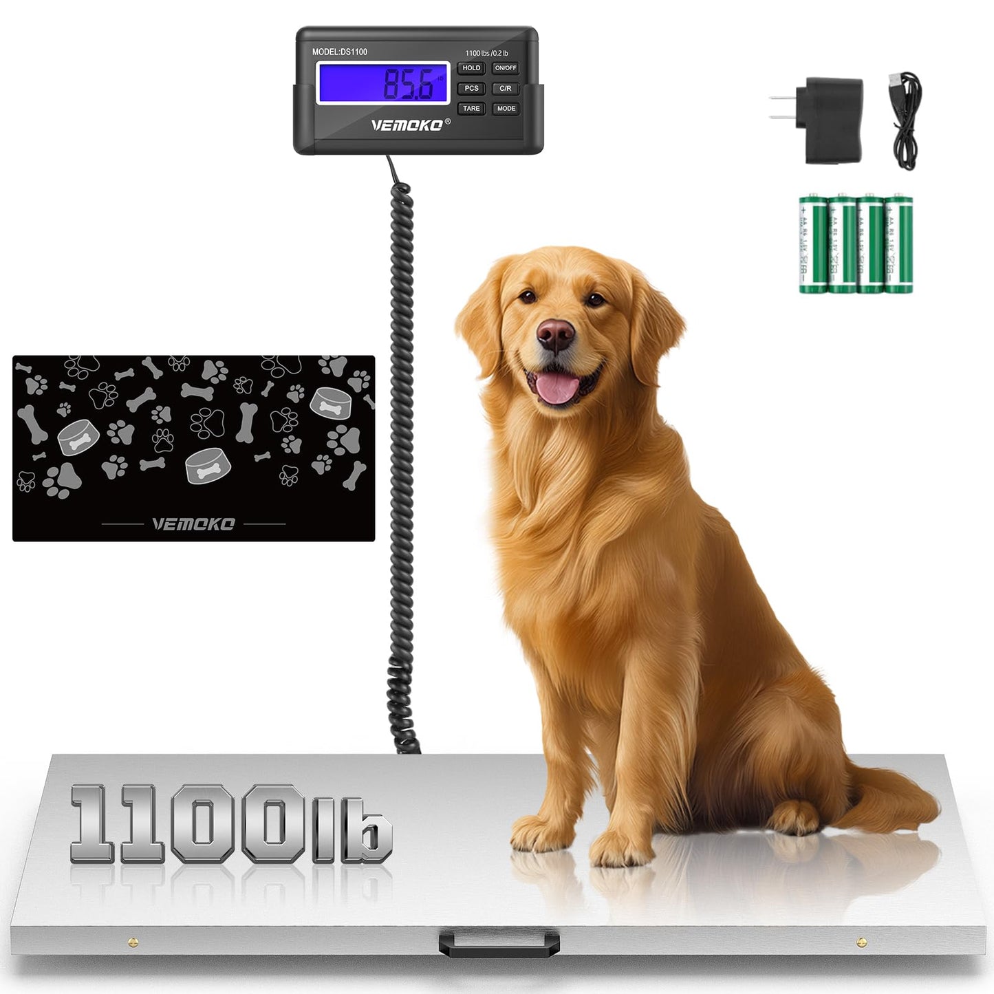 VEMOKO Precision Large Dog Scale - 1100lb x 0.2lb Large Breed Animal Livestock Weight Scale, Pet Scale PVC Non-Slip Mat Stainless Steel Platform for Dogs (Smooth Platform)