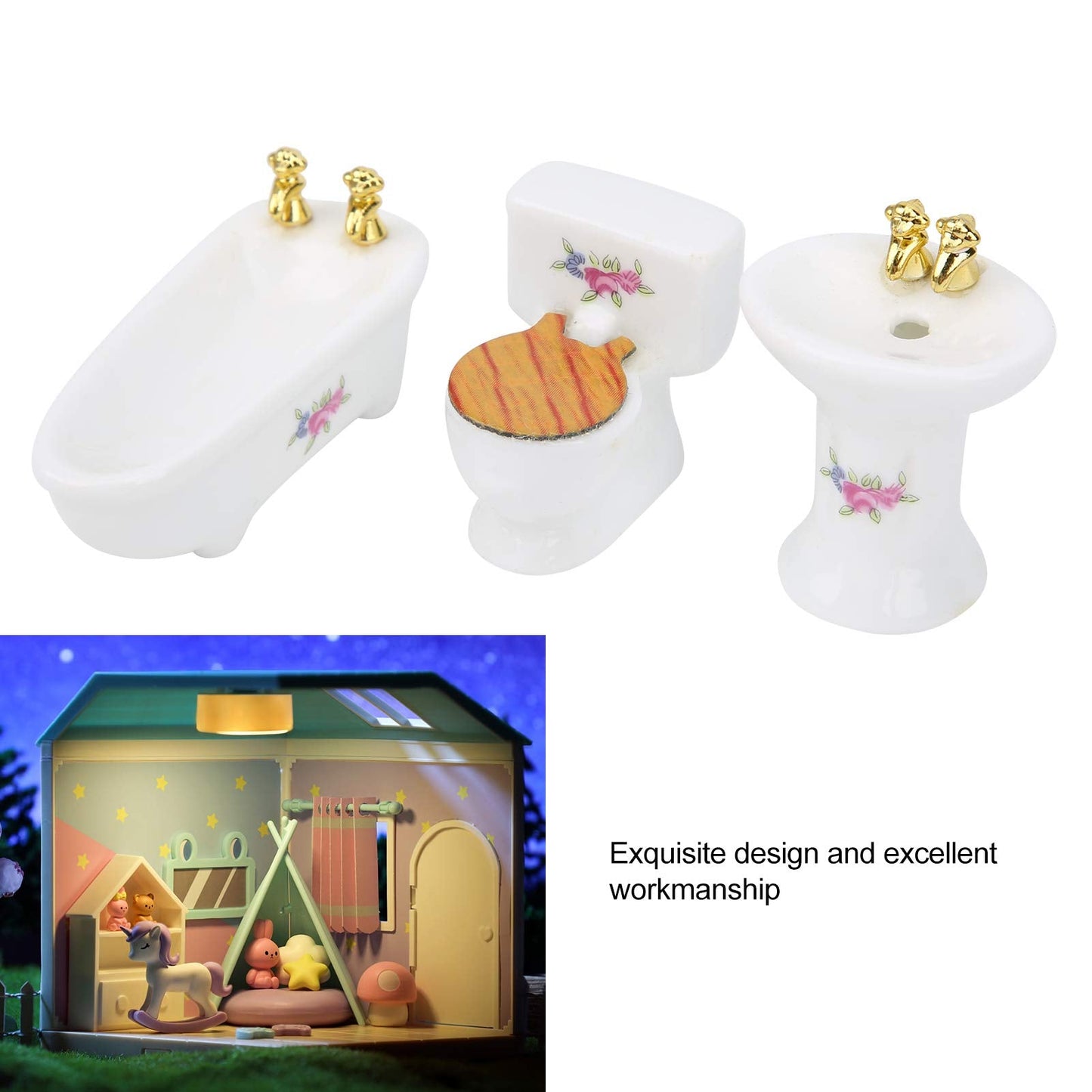 RIZGHWOY 1/24 Dollhouse Miniature Bathroom Set, Ceramic Bathtub Toilet Sink Kit with Exquisite Design, for Doll House Bathroom Scene (Rose)