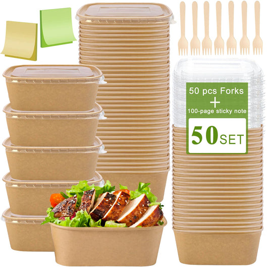 50-Pack 29oz Kraft Paper Bowls Disposable with Lids and Wooden Forks, Disposable Meal Prep Containers Paper Food Prep Containers with Lids, To Go Container for Hot Soup/Salad, Freezer & Microwave Safe