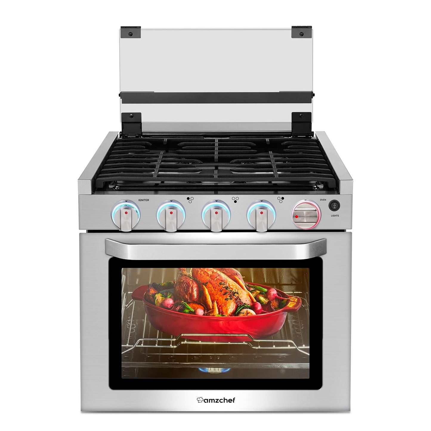 AMZCHEF RV Gas Range Stove 12V. Range Oven for RV Use with 3 Burners,Gas Oven, 28,100BTU, Open Flame Configuration, Knob work indicator, Heavy Duty Cast Iron Grates (Large 21 inch)